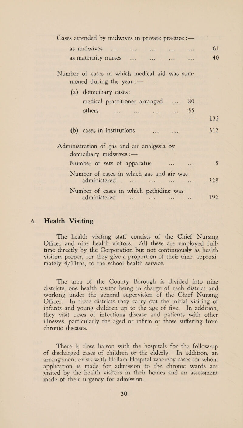 Cases attended by midwives in private practice : — as midwives ... ... ... ... ... 61 as maternity nurses ... ... ... ... 40 Number of cases in which medical aid was sum- moned during the year : — (a) domiciliary cases : medical practitioner arranged ... 80 others ... ... ... ... 55 — 135 (b) cases in institutions ... ... 312 Administration of gas and air analgesia by domiciliary midwives : — Number of sets of apparatus ... ... 5 Number of cases in which gas and air was administered ... ... ... ... 328 Number of cases in which pethidine was administered ... ... ... ... 192 6. Health Visiting The health visiting staff consists of the Chief Nursing Officer and nine health visitors. All these are employed fulb time directly by the Corporation but not continuously as health visitors proper, for they give a proportion of their time, approxi¬ mately 4/llths, to the school health service. The area of the County Borough is divided into nine districts, one health visitor being in charge of each district and working under the general supervision of the Chief Nursing Officer. In these districts they carry out the initial visiting of infants and young children up to the age of five. In addition, they visit cases of infectious disease and patients with other illnesses, particularly the aged or infirm or those suffering from chronic diseases. There is close liaison with the hospitals for the follow-up of discharged cases of children or the elderly. In addition, an arrangement exists with Hallam Hospital whereby cases for whom application is made for admission to1 the chronic wards are visited by the health visitors in their homes and an assessment made of their urgency for admission.