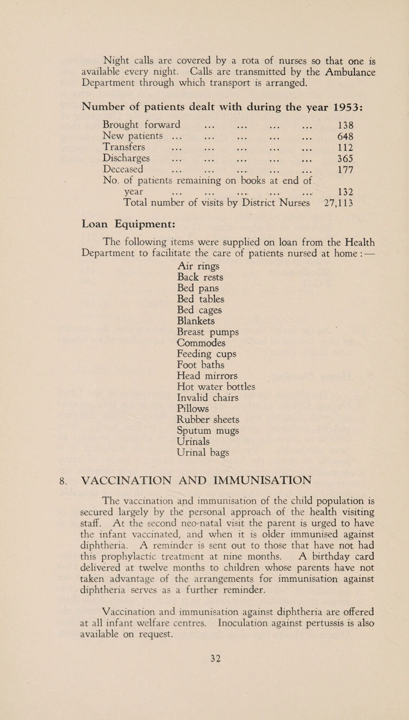 Night calls are covered by a rota of nurses so that one is available every night. Calls are transmitted by the Ambulance Department through which transport is arranged. Number of patients dealt with during the year 1953: Brought forward ... ... ... ... 138 New patients ... ... ... ... ... 648 Transfers ... ... ... ... ... 112 Discharges ... ... ... ... ... 365 Deceased ... ... ... ... ... 177 No. of patients remaining on books at end of year ... ... ... ... ... 132 Total number of visits by District Nurses 27,113 Loan Equipment: The following items were supplied on loan from the Health Department to facilitate the care of patients nursed at home : — Air rings Back rests Bed pans Bed tables Bed cages Blankets Breast pumps Commodes Feeding cups Foot baths Head mirrors Hot water bottles Invalid chairs Pillows Rubber sheets Sputum mugs Urinals Urinal bags 8. VACCINATION AND IMMUNISATION The vaccination and immunisation of the child population is secured largely by the personal approach of the health visiting staff. At the second neonatal visit the parent is urged to have the infant vaccinated, and when it is older immunised against diphtheria. A reminder is sent out to those that have not had this prophylactic treatment at nine months. A birthday card delivered at twelve months to children whose parents have not taken advantage of the arrangements for immunisation against diphtheria serves as a further reminder. Vaccination and immunisation against diphtheria are offered at all infant welfare centres. Inoculation against pertussis is also available on request.