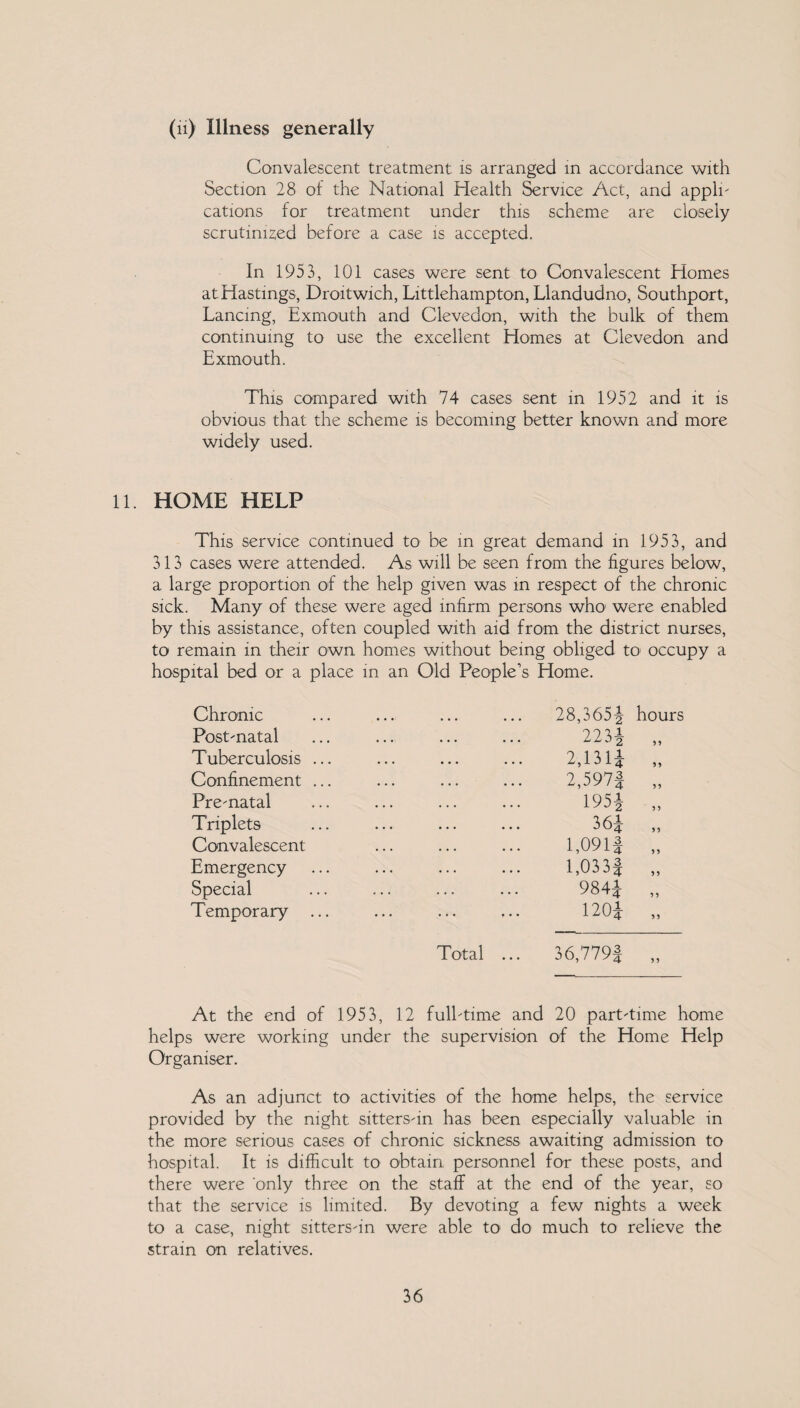 (ii) Illness generally Convalescent treatment is arranged in accordance with Section 28 of the National Health Service Act, and appli¬ cations for treatment under this scheme are closely scrutinized before a case is accepted. In 1953, 101 cases were sent to Convalescent Homes at Hastings, Droitwich, Littlehampton, Llandudno, Southport, Lancing, Exmouth and Clevedon, with the bulk of them continuing to use the excellent Homes at Clevedon and Exmouth. This compared with 74 cases sent in 1952 and it is obvious that the scheme is becoming better known and more widely used. 11. HOME HELP This service continued to be in great demand in 1953, and 313 cases were attended. As will be seen from the figures below, a large proportion of the help given was in respect of the chronic sick. Many of these were aged infirm persons who were enabled by this assistance, often coupled with aid from the district nurses, to remain in their own homes without being obliged to occupy a hospital bed or a place in an Old People’s Home. Chronic Post-natal Tuberculosis ... Confinement ... Pre-natal Triplets Convalescent Emergency Special Temporary ... 28,365J hours 223i „ 2,13 lj „ 2,597| „ 1954 „ 36J „ 1,091 J „ 1,033 j „ 984J „ 1204 „ Total ... 3 6,779J At the end of 1953, 12 full-time and 20 part-time home helps were working under the supervision of the Home Help Organiser. As an adjunct to activities of the home helps, the service provided by the night sitters-in has been especially valuable in the more serious cases of chronic sickness awaiting admission to hospital. It is difficult to obtain personnel for these posts, and there were only three on the staff at the end of the year, so that the service is limited. By devoting a few nights a week to a case, night sitters-in were able to do much to relieve the strain on relatives.