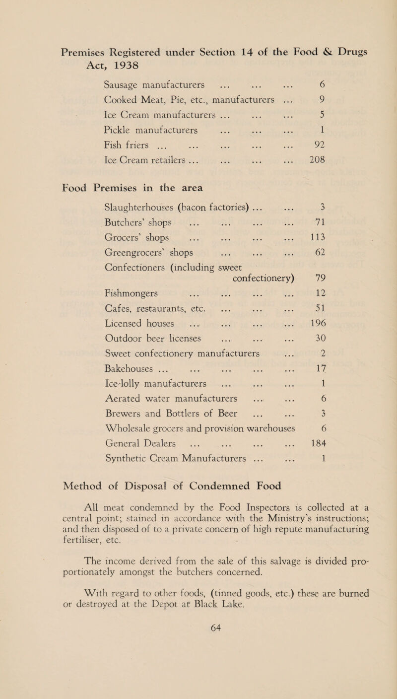 Premises Registered under Section 14 of the Food & Drugs Act, 1938 Sausage manufacturers ... ... ... 6 Cooked Meat, Pie, etc., manufacturers ... 9 Ice Cream manufacturers ... ... ... 5 Pickle manufacturers ... ... ... 1 Fish friers ... ... ... ... ... 92 Ice Cream retailers ... ... ... ... 208 Food Premises in the area Slaughterhouses (bacon factories) ... ... 3 Butchers’ shops ... ... ... ... 71 Grocers’ shops ... ... ... ... 113 Greengrocers’ shops ... ... ... 62 Confectioners (including sweet confectionery) 79 Fishmongers ... ... ... ... 12 Cafes, restaurants, etc. ... ... ... 51 Licensed houses ... ... ... ... 196 Outdoor beer licenses ... ... ... 30 Sweet confectionery manufacturers ... 2 Bakehouses ... ... ... ... ... 17 Ice dolly manufacturers ... ... ... 1 Aerated water manufacturers ... ... 6 Brewers and Bottlers of Beer ... ... 3 Wholesale grocers and provision warehouses 6 General Dealers ... ... ... ... 184 Synthetic Cream Manufacturers ... ... 1 Method of Disposal of Condemned Food All meat condemned by the Food Inspectors is collected at a central point; stained in accordance with the Ministry’s instructions; and then disposed of to a private concern of high repute manufacturing fertiliser, etc. The income derived from the sale of this salvage is divided pro¬ portionately amongst the butchers concerned. With regard to other foods, (tinned goods, etc.) these are burned or destroyed at the Depot at Black Lake.