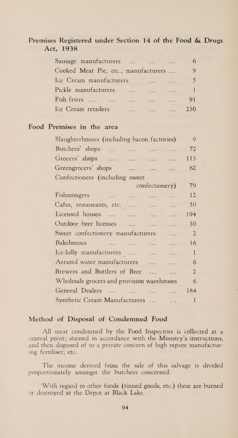 Premises Registered under Section 14 of the Food & Drugs Act, 1938 Sausage manufacturers ... ... ... 6 Cooked Meat Pie, etc., manufacturers ... 9 Ice Cream manufacturers ... ... 5 Pickle manufacturers ... ... ... 1 Fish friers ... ... ... ... ... 91 Ice Cream retailers ... ... ... 230 Food Premises in the area Slaughterhouses (including bacon factories) 9 Butchers’ shops ... ... ... ... 72 Grocers’ shops ... ... ... ... 113 Greengrocers’ shops ... ... ... 62 Confectioners (including sweet confectionery) 79 Fishmongers ... ... ... ... 12 Cafes, restaurants, etc. ... ... ... 50 Licensed houses ... ... ... ... 194 Outdoor beer licenses ... ... ... 30 Sweet confectionery manufacturers ... 2 Bakehouses ... ... ... ... 16 Icedolly manufacturers ... ... ... 1 Aerated water manufacturers ... ... 6 Brewers and Bottlers of Beer ... ... 2 Wholesale grocers and provision warehouses 6 General Dealers ... ... ... ... 184 Synthetic Cream Manufacturers ... ... 1 Method of Disposal of Condemned Food All meat condemned by the Food Inspectors is collected at a central point; stained in accordance with the Ministry’s instructions, and then disposed of to a private concern of high repute manufacture ing fertiliser, etc. The income derived from the sale of this salvage is divided proportionately amongst the butchers concerned. With regard to other foods (tinned goods, etc.) these are burned or destroyed at the Depot at Black Lake.