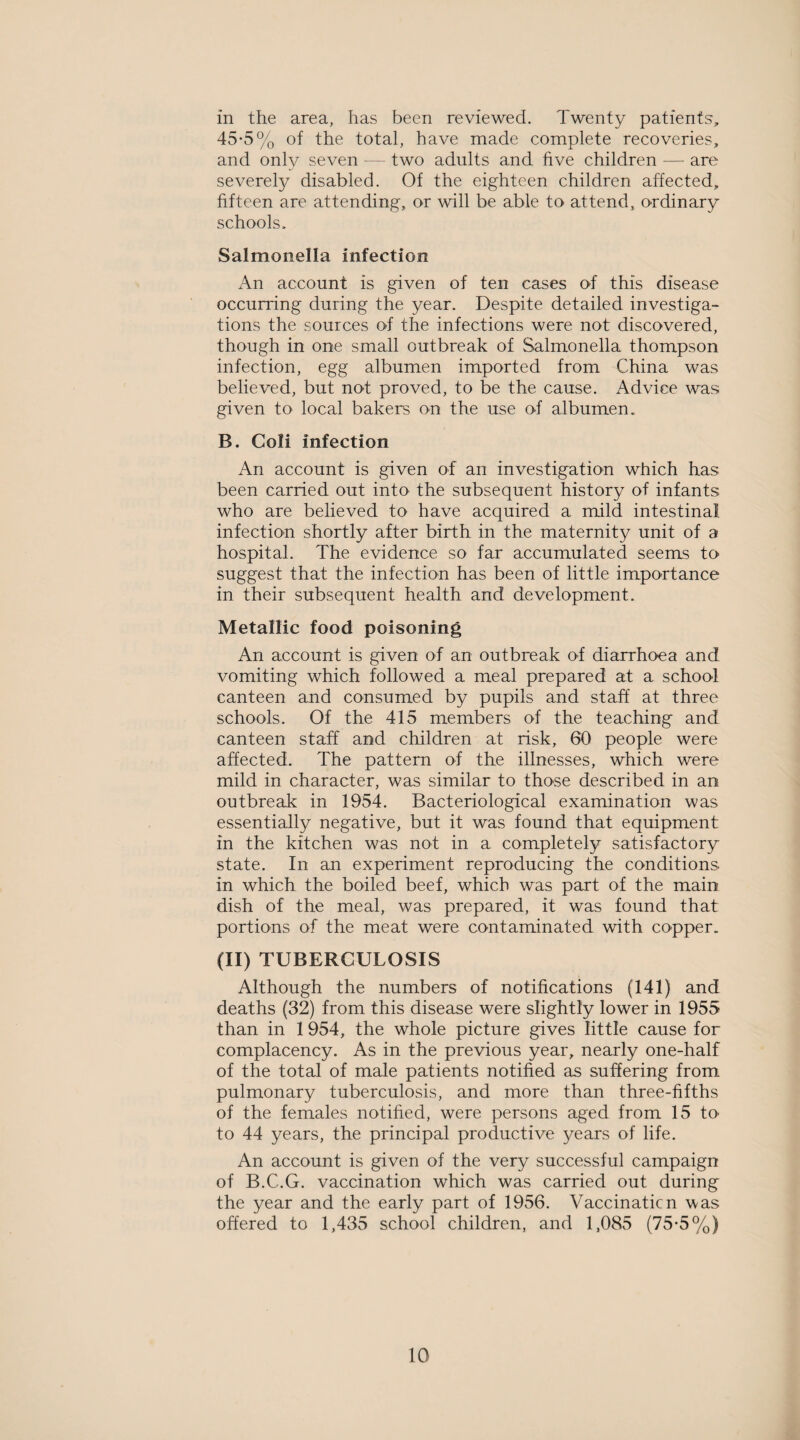 in the area, has been reviewed. Twenty patients, 45-5% of the total, have made complete recoveries, and only seven — two adults and five children — are severely disabled. Of the eighteen children affected, fifteen are attending, or will be able to attend, ordinary schools. Salmonella infection An account is given of ten cases of this disease occurring during the year. Despite detailed investiga¬ tions the sources of the infections were not discovered, though in one small outbreak of Salmonella thompson infection, egg albumen imported from China was believed, but not proved, to be the cause. Advice was given to local bakers on the use of albumen, B. Coli infection An account is given of an investigation which has been carried out into the subsequent history of infants who are believed to have acquired a mild intestinal infection shortly after birth in the maternity unit of a hospital. The evidence so far accumulated seems to suggest that the infection has been of little importance in their subsequent health and development. Metallic food poisoning An account is given of an outbreak of diarrhoea and vomiting which followed a meal prepared at a school canteen and consumed by pupils and staff at three schools. Of the 415 members of the teaching and canteen staff and children at risk, 60 people were affected. The pattern of the illnesses, which were mild in character, was similar to those described in an outbreak in 1954. Bacteriological examination was essentially negative, but it was found that equipment in the kitchen was not in a completely satisfactory state. In an experiment reproducing the conditions in which the boiled beef, which was part of the main dish of the meal, was prepared, it was found that portions of the meat were contaminated with copper. (II) TUBERCULOSIS Although the numbers of notifications (141) and deaths (32) from this disease were slightly lower in 1955 than in 1954, the whole picture gives little cause for complacency. As in the previous year, nearly one-half of the total of male patients notified as suffering from pulmonary tuberculosis, and more than three-fifths of the females notified, were persons aged from 15 to to 44 years, the principal productive years of life. An account is given of the very successful campaign of B.C.G. vaccination which was carried out during the year and the early part of 1956. Vaccinaticn was offered to 1,435 school children, and 1,085 (75-5%)