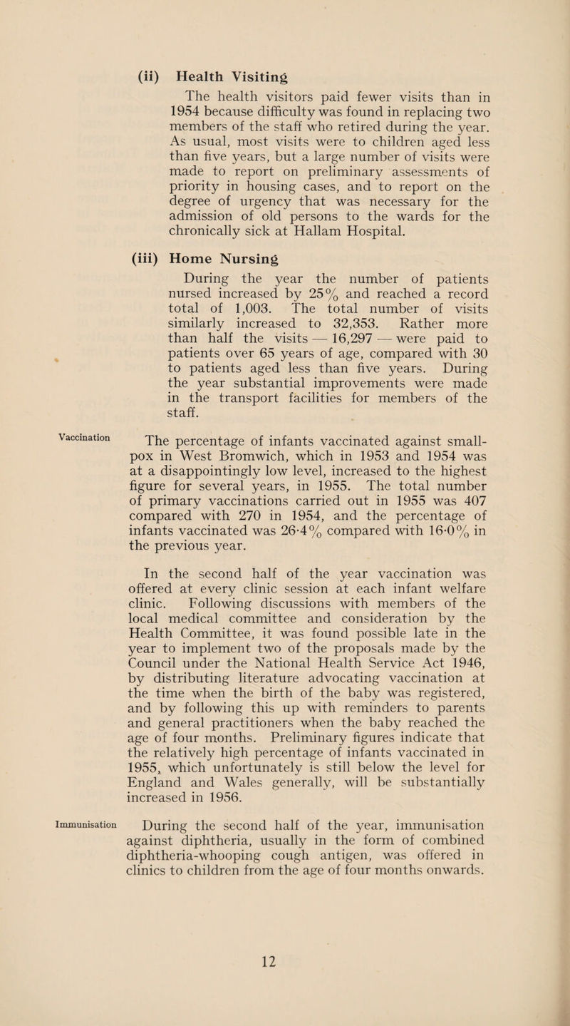 Vaccination Immunisation (ii) Health Visiting The health visitors paid fewer visits than in 1954 because difficulty was found in replacing two members of the staff who retired during the year. As usual, most visits were to children aged less than five years, but a large number of visits were made to report on preliminary assessments of priority in housing cases, and to report on the degree of urgency that was necessary for the admission of old persons to the wards for the chronically sick at Hallam Hospital. (iii) Home Nursing During the year the number of patients nursed increased by 25% and reached a record total of 1,003. The total number of visits similarly increased to 32,353. Rather more than half the visits — 16,297 — were paid to patients over 65 years of age, compared with 30 to patients aged less than five years. During the year substantial improvements were made in the transport facilities for members of the staff. The percentage of infants vaccinated against small¬ pox in West Bromwich, which in 1953 and 1954 was at a disappointingly low level, increased to the highest figure for several years, in 1955. The total number of primary vaccinations carried out in 1955 was 407 compared with 270 in 1954, and the percentage of infants vaccinated was 26-4% compared with 16-0% in the previous year. In the second half of the year vaccination was offered at every clinic session at each infant welfare clinic. Following discussions with members of the local medical committee and consideration by the Health Committee, it was found possible late in the year to implement two of the proposals made by the Council under the National Health Service Act 1946, by distributing literature advocating vaccination at the time when the birth of the baby was registered, and by following this up with reminders to parents and general practitioners when the baby reached the age of four months. Preliminary figures indicate that the relatively high percentage of infants vaccinated in 1955, which unfortunately is still below the level for England and Wales generally, will be substantially increased in 1956. During the second half of the year, immunisation against diphtheria, usually in the form of combined diphtheria-whooping cough antigen, was offered in clinics to children from the age of four months onwards.
