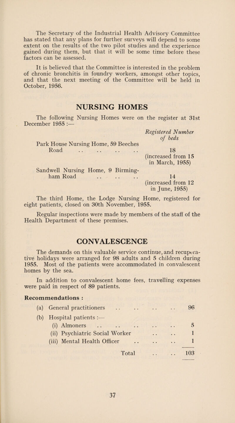 The Secretary of the Industrial Health Advisory Committee has stated that any plans for further surveys will depend to some extent on the results of the two pilot studies and the experience gained during them, but that it will be some time before these factors can be assessed. It is believed that the Committee is interested in the problem of chronic bronchitis in foundry workers, amongst other topics, and that the next meeting of the Committee will be held in October, 1956. NURSING HOMES The following Nursing Homes were on the register at 31st December 1955 :— Registered Number of beds Park House Nursing Home, 59 Beeches Road . . . . . . . . 18 (increased from 15 in March, 1955) Sandwell Nursing Home, 9 Birming¬ ham Road .. .. .. 14 (increased from 12 in June, 1955) The third Home, the Lodge Nursing Home, registered for eight patients, closed on 30th November, 1955. Regular inspections were made by members of the staff of the Health Department of these premises. CONVALESCENCE The demands on this valuable service continue, and recupera¬ tive holidays were arranged for 98 adults and 5 children during 1955. Most of the patients were accommodated in convalescent homes by the sea. In addition to convalescent home fees, travelling expenses were paid in respect of 89 patients. Recommendations : (a) General practitioners . . . . . . . . 96 (b) Hospital patients :— (i) Almoners .. .. .. . . . . 5 (ii) Psychiatric Social Worker .. .. 1 (iii) Mental Health Officer .. .. .. 1 Total . . . . 103