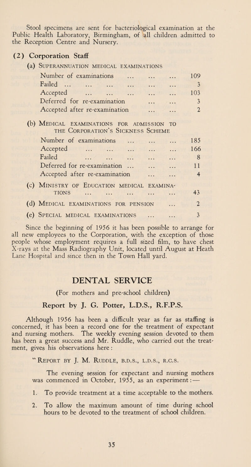 Stool specimens are sent for bacteriological examination at the Public Health Laboratory, Birmingham, of all children admitted to the Reception Centre and Nursery. (2) Corporation Staff (a) Superannuation medical examinations Number of examinations ... ... ... 109 Failed ... ... ... ... ... ... 3 Accepted ... ... ... ... ... 103 Deferred for re-examination ... ... 3 Accepted after re-examination ... ... 2 (b) Medical examinations for admission to the Corporation’s Sickness Scheme Number of examinations • • • • . • 185 Accepted • • • • • • 166 Failed • • • • • • 8 Deferred for re-exammation ... • • • • • • 11 Accepted after re-examination ... ... 4 Ministry of Education medical tions . EXAMINA- 43 (d) Medical examinations for pension ... 2 (e) Special medical examinations . 3 Since the beginning of 1956 it has been possible to arrange for all new employees to the Corporation, with the exception of those people whose employment requires a full sized film, to have chest X-rays at the Mass Radiography Unit, located until August at Heath Lane Hospital and since then in the Town Hall yard. DENTAL SERVICE (For mothers and pre-school children) Report by J. G. Potter, L.D.S., R.F.P.S. Although 1956 has been a difficult year as far as staffing is concerned, it has been a record one for the treatment of expectant and nursing mothers. The weekly evening session devoted to them has been a great success and Mr. Ruddle, who carried out the treat¬ ment, gives his observations here : “ Report by J. M. Ruddle, b.d.s., l.d.s., r.c.s. The evening session for expectant and nursing mothers was commenced in October, 1955, as an experiment: — 1. To provide treatment at a time acceptable to the mothers. 2. To allow the maximum amount of time during school hours to be devoted to the treatment of school children.