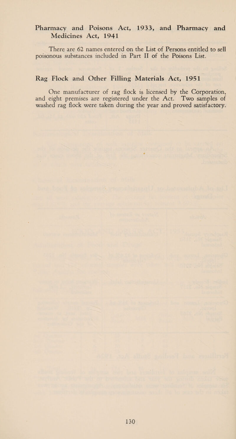 Pharmacy and Poisons Act, 1933, and Pharmacy and Medicines Act, 1941 There are 62 names entered on the List of Persons entitled to sell poisonous substances included in Part II of the Poisons List. Rag Flock and Other Filling Materials Act, 1951 One manufacturer of rag flock is licensed by the Corporation, and eight premises are registered under the Act. Two samples of washed rag flock were taken during the year and proved satisfactory.