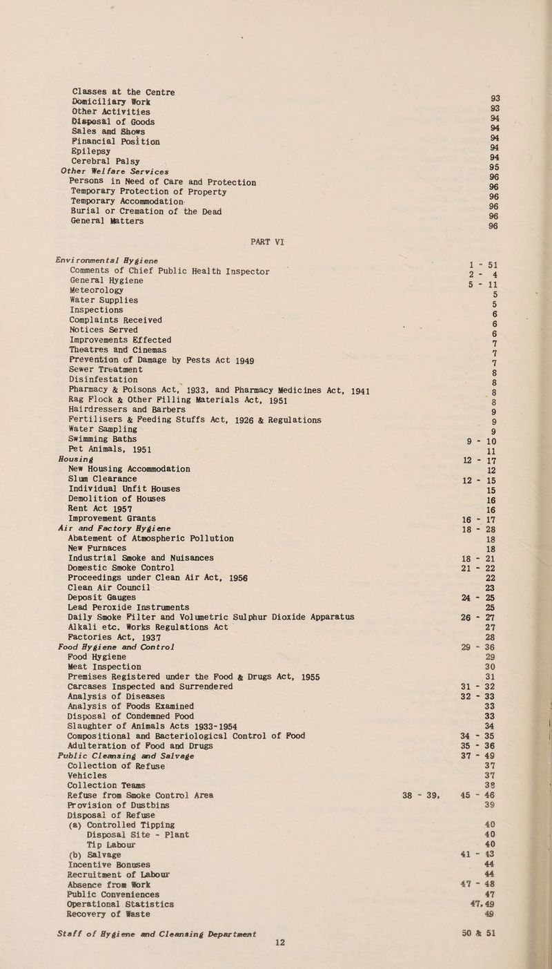 Classes at the Centre Domiciliary Work Other Activities Disposal of Goods Sales and Shows Financial Position Epilepsy Cerebral Palsy Other Welfare Services Persons in Need of Care and Protection Temporary Protection of Property Temporary Accommodation Burial or Cremation of the Dead General Matters PART VI Environmental Hygiene Comments of Chief Public Health Inspector General Hygiene Meteorology Water Supplies Inspections Complaints Received Notices Served Improvements Effected Tneatres and Cinemas Prevention of Damage by Pests Act 1949 Sewer Treatment Disinfestation Pharmacy & Poisons Act, 1933, and Pharmacy Medicines Act, 1941 Rag Flock & Other Filling Materials Act, 1951 Hairdressers and Barbers Fertilisers & Feeding Stuffs Act, 1926 & Regulations Water Sampling Swimming Baths Pet Animals, 1951 Housing New Housing Accommodation Slum Clearance Individual Unfit Houses Demolition of Houses Rent Act 1957 Improvement Grants Air and Factory Hygiene Abatement of Atmospheric Pollution New Furnaces Industrial Smoke and Nuisances Domestic Smoke Control Proceedings under Clean Air Act, 1956 Clean Air Council Deposit Gauges Lead Peroxide Instruments Daily Smoke Filter and Volumetric Sulphur Dioxide Apparatus Alkali etc. Works Regulations Act Factories Act, 1937 Food Hygiene and Control Food Hygiene Meat Inspection Premises Registered under the Food & Drugs Act, 1955 Carcases Inspected and Surrendered Analysis of Diseases Analysis of Foods Examined Disposal of Condemned Food Slaughter of Animals Acts 1933-1954 Compositional and Bacteriological Control of Food Adulteration of Food and Drugs Public Cleansing and Salvage Collection of Refuse Vehicles Collection Teams Refuse from Smoke Control Area Provision of Dustbins Disposal of Refuse (a) Controlled Tipping Disposal Site - Plant Tip Labour (b) Salvage Incentive Bonuses Recruitment of Labour Absence from Work Public Conveniences Operational Statistics Recovery of Waste 12 93 93 94 94 94 94 94 95 96 96 96 96 96 96 1 - 51 2 - 4 5 - 11 5 5 6 6 6 7 7 7 8 8 8 8 9 9 9 9 - 10 11 12 - 17 12 12 - 15 15 16 16 16 - 17 18 - 28 18 18 18 - 21 21 - 22 22 23 24 - 25 25 26 - 27 27 28 29 - 36 29 30 31 31 - 32 32 - 33 33 33 34 34 - 35 35 - 36 37 - 49 37 37 38 45 - 46 39 40 40 40 41 - 43 44 44 47 - 48 47 47,49 49