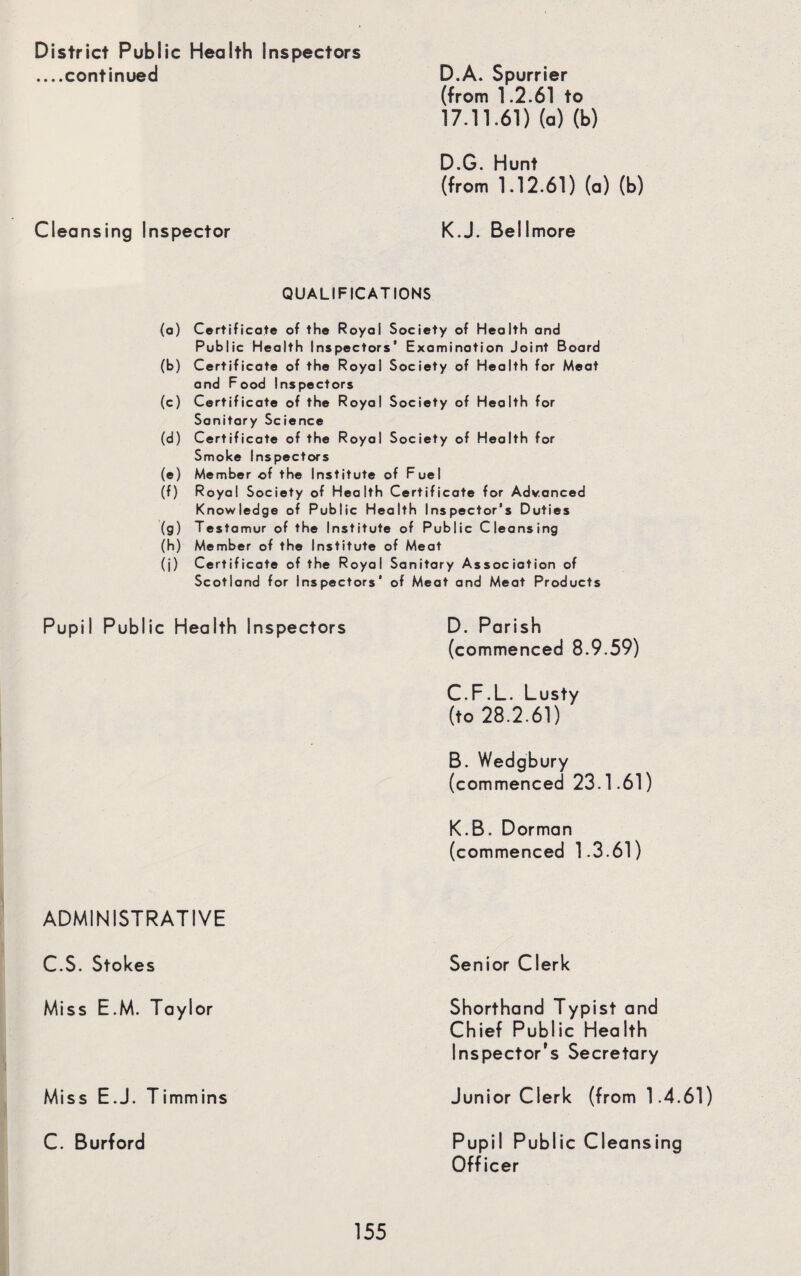 District Public Health I nspectors ....continued D.A. Spurrier (from 1.2.61 to 17.11.61) (a) (b) Cleansing Inspector D.G. Hunt (from 1.12.61) (a) (b) K.J. Bellmore QUALIFICATIONS (a) Certificate of the Royal Society of Health and Public Health Inspectors’ Examination Joint Board (b) Certificate of the Royal Society of Health for Meat and Food Inspectors (c) Certificate of the Royal Society of Health for Sanitary Science (d) Certificate of the Royal Society of Health for Smoke Inspectors (e) Member of the Institute of Fuel (f) Royal Society of Health Certificate for Advanced Knowledge of Public Health Inspector's Duties (g) Testamur of the Institute of Public Cleansing (h) Member of the Institute of Meat (j) Certificate of the Royal Sanitary Association of Scotland for Inspectors’ of Meat and Meat Products Pupil Public Health Inspectors D. Parish (commenced 8.9.59) C.F.L. Lusty (to 28.2.61) B. Wedgbury (commenced 23.1.61) K.B. Dorman (commenced 1.3.61) ADMINISTRATIVE C.S. Stokes Senior Clerk Miss E.M. Taylor Shorthand Typist and Chief Public Health Inspector’s Secretary Miss E.J. Timmins C. Burford 155 Junior Clerk (from 1.4.61) Pupil Public Cleansing Officer
