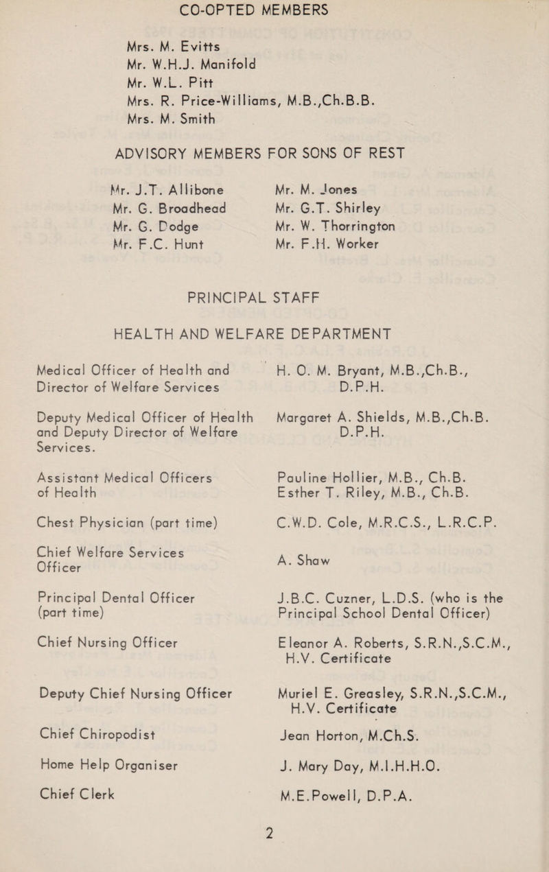 Mrs. M. Evitts Mr. W.H.J. Manifold Mr. W.L. Pitt Mrs. R. Price-Williams, M.B.,Ch.B.B. Mrs. M. Smith ADVISORY MEMBERS FOR SONS OF REST Mr. J.T. Allibone Mr. G. Broadhead Mr. G. Dodge Mr. F.C. Hunt Mr. M. Jones Mr. G.T. Shirley Mr. W. Thorrington Mr. F.H. Worker PRINCIPAL STAFF HEALTH AND WELFARE DEPARTMENT Medical Officer of Health and Director of Welfare Services H. 0. M. Bryant, M.B.,Ch.B., D.P.H. Deputy Medical Officer of Health and Deputy Director of Welfare Services. Margaret A. Shields, M.B.,Ch.B. D.P.H. Assistant Medical Officers of Health Pauline Hollier, M.B., Ch.B. Esther T. Riley, M.B., Ch.B. Chest Physician (part time) C.W.D. Cole, M.R.C.S., L.R.C.P. Chief Welfare Services Officer A. Shaw Principal Dental Officer (part time) J.B.C. Cuzner, L.D.S. (who is the Principal School Dental Officer) Chief Nursing Officer Eleanor A. Roberts, S.R.N.,S.C.M., H.V. Certificate Deputy Chief Nursing Officer Muriel E. Greasley, S.R.N.,S.C.M., H.V. Certificate Chief Chiropodist Jean Horton, M.Ch.S. Home Help Organiser J. Mary Day, M.I.H.H.O. Chief Clerk M.E.Powel 1, D.P.A.
