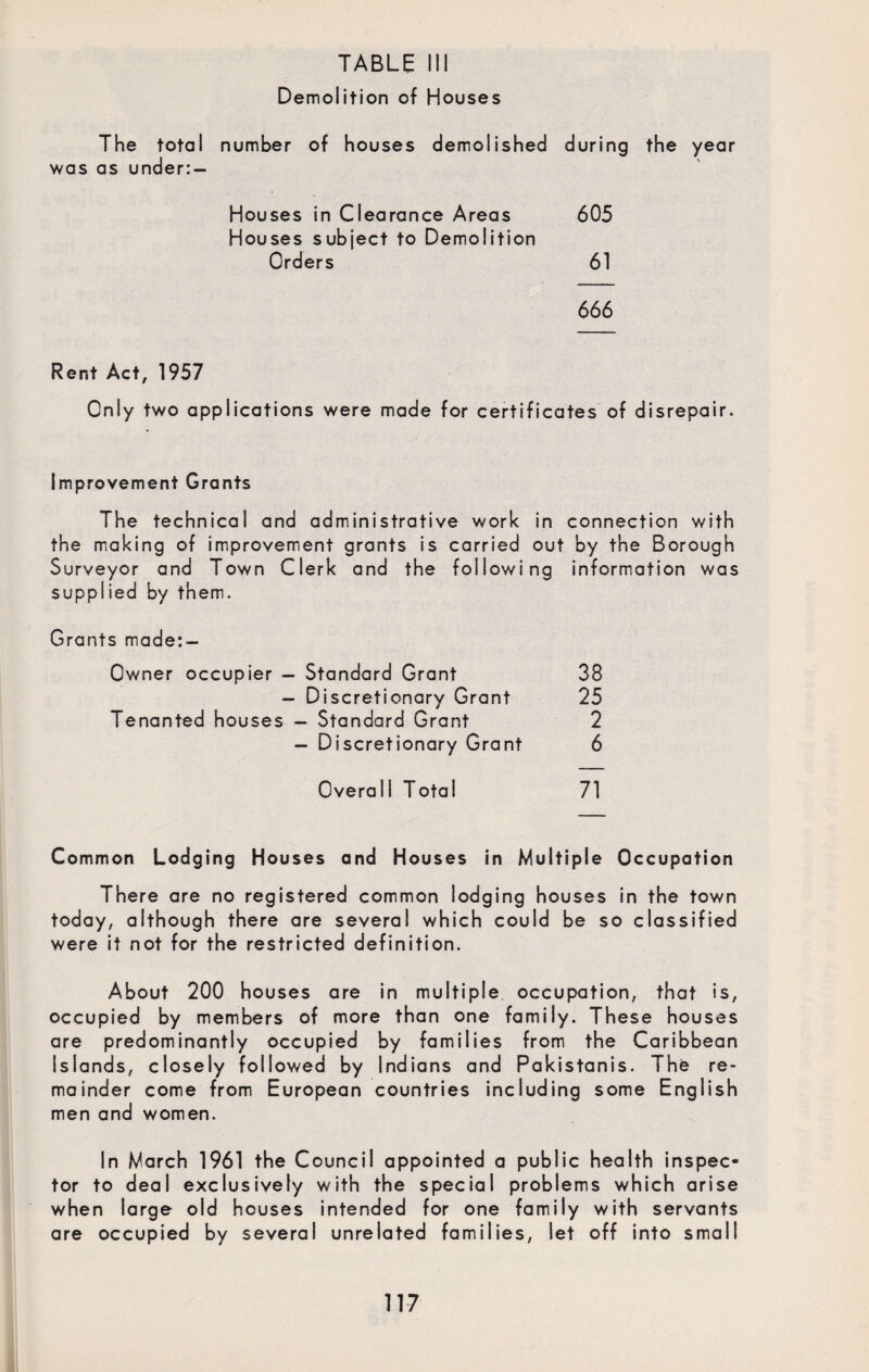 Demolition of Houses The total number of houses demolished during the year was as under:- Houses in Clearance Areas 605 Houses subject to Demolition Orders 61 666 Rent Act, 1957 Only two applications were made for certificates of disrepair. Improvement Grants The technical and administrative work in connection with the making of improvement grants is carried out by the Borough Surveyor and Town Clerk and the following information was supplied by them. Grants made:- Owner occupier - Standard Grant 38 - Discretionary Grant 25 Tenanted houses — Standard Grant 2 - Discretionary Grant 6 Overa!I Total 71 Common Lodging Houses and Houses in Multiple There are no registered common lodging houses today, although there are several which could be s were it not for the restricted definition. About 200 houses are in multiple occupation, that is, occupied by members of more than one family. These houses are predominantly occupied by families from the Caribbean Islands, closely followed by Indians and Pakistanis. The re¬ mainder come from European countries including some English men and women. In March 1961 the Council appointed a public health inspec¬ tor to deal exclusively with the special problems which arise when large old houses intended for one family with servants are occupied by several unrelated families, let off into small Occupation in the town o classified