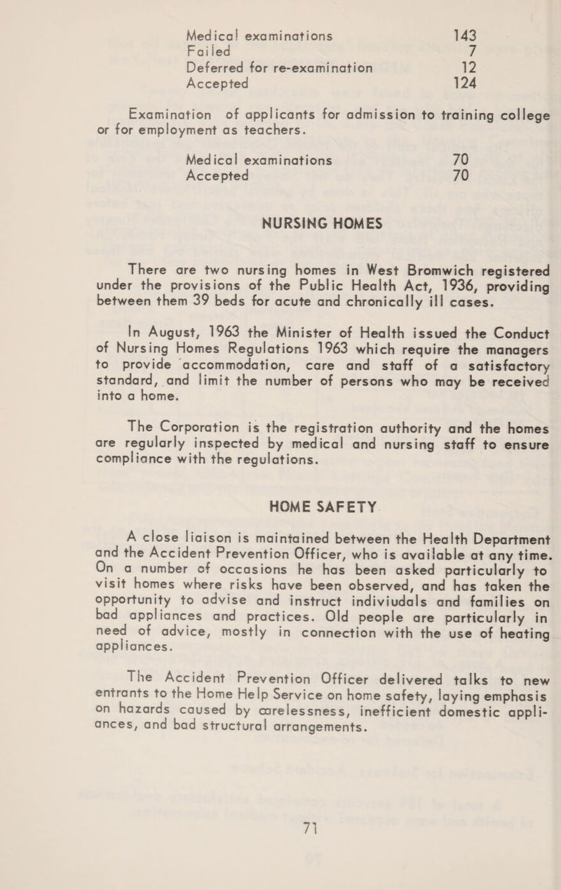 Fai led 7 Deferred for re-examination 12 Accepted 124 Examination of applicants for admission to training college or for employment as teachers. Medical examinations 70 Accepted 70 NURSING HOMES There are two nursing homes in West Bromwich registered under the provisions of the Public Health Act, 1936, providing between them 39 beds for acute and chronically ill cases. In August, 1963 the Minister of Health issued the Conduct of Nursing Homes Regulations 1963 which require the managers to provide accommodation, care and staff of a satisfactory standard, and limit the number of persons who may be received into a home. The Corporation is the registration authority and the homes are regularly inspected by medical and nursing staff to ensure compliance with the regulations. HOME SAFETY A close liaison is maintained between the Health Department and the Accident Prevention Officer, who is available at any time. On a number of occasions he has been asked particularly to visit homes where risks have been observed, and has taken the opportunity to advise and instruct indiviudals and families on bad appliances and practices. Old people are particularly in need of advice, mostly in connection with the use of heating appl iances. The Accident Prevention Officer delivered talks to new entrants to the Home Help Service on home safety, laying emphasis on hazards caused by carelessness, inefficient domestic appli¬ ances, and bad structural arrangements.