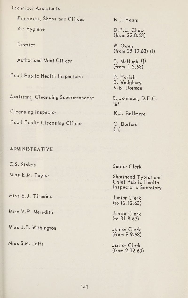 fechmcal Assistants: Factories, Shops and Offices N.J. Fearn Air Hygiene D.P.L. Chow (from 22.8.63) District W. Owen (from 28.10.63) (1) Authorised Meat Officer F. McHugh (j) (from 1.2.63) Pupil Public Health Inspectors: D. Parish B. Wedghury K.B. Dorman Assistant Cleansing Superintendent S. Johnson, D.F.C. (g) Cleansing Inspector KJ. Bellmore Pupil Public uleansing Officer C. Burford (m) ADMINISTRATIVE C.S. Stokes Senior Clerk Miss E.M, Taylor Shorthand Typist and Chief Public Health inspector’s Secretary Miss EJ. Timmins Junior Clerk (to 12.12.63) Miss V.P. Meredith Junior Clerk (to 31.8.63) Miss J.E. Withington Junior Clerk (from 9.9.63) Miss S.M. Jeffs Junior Clerk (from 2.12.63)
