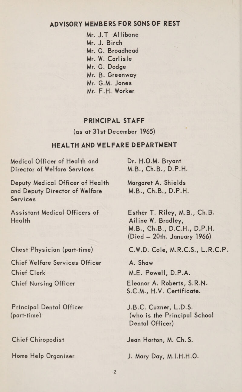 ADVISORY MEMBERS FOR SONS OF REST Mr. J.T Allibone Mr. J. Birch Mr. G. Broadhead Mr. W. Carl isle Mr. G. Dodge Mr. B. Greenway Mr. G.M. Jones Mr. F.H. Worker PRINCIPAL STAFF (as at 31st December 1965) HEALTH AND WELFARE DEPARTMENT Medical Officer of Health and Director of Welfare Services Deputy Medical Officer of Health and Deputy Director of Welfare Services Assistant Medical Officers of Health Chest Physician (part-time) Chief Welfare Services Officer Chief Clerk Chief Nursing Officer Principal Dental Officer (part-time) Dr. H.O.M. Bryant M.B., Ch.B., D.P.H. Margaret A. Shields M.B., Ch.B., D.P.H. Esther T. Riley, M.B., Ch.B. Ailine W. Bradley, M.B., Ch.B., D.C.H., D.P.H. (Died — 20th. January 1966) C.W.D. Cole, M.R.C.S., L.R.C.P. A. Shaw M.E. Powell, D.P.A. Eleanor A. Roberts, S.R.N. S.C.M., H.V. Certificate. J.B.C. Cuzner, L.D.S. (who is the Principal School Dental Officer) Chief Chiropodist Jean Horton, M. Ch. S. Home Help Organiser J. Mary Day, M.I.H.H.O.