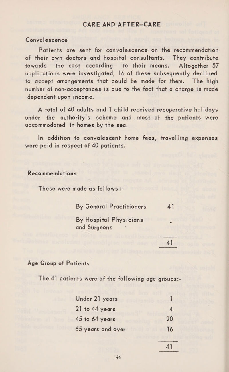 CARE AND AFTER-CARE Convalescence Patients are sent for convalescence on the recommendation of their own doctors and hospital consultants. They contribute towards the cost according to their means. Altogether 57 applications were investigated, 16 of these subsequently declined to accept arrangements that could be made for them. The high number of non-acceptances is due to the fact that a charge is made dependent upon income. A total of 40 adults and 1 child received recuperative holidays under the authority’s scheme and most of the patients were accommodated in homes by the sea. In addition to convalescent home fees, travelling expenses were paid in respect of 40 patients. Recommendations These were made as follows:- By General Practitioners 41 By Hospital Physicians and Surgeons 41 Age Group of Patients The 41 patients were of the following age groups:- Under 21 years 1 21 to 44 years 4 45 to 64 years 20 65 years and over 16 41