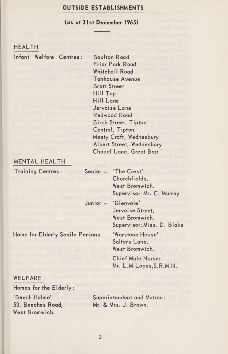 OUTSIDE ESTABLISHMENTS (as at 31st December 1965) HEALTH Infant Welfare Centres: Boulton Road Friar Park Road Whitehall Road Tanhouse Avenue Bratt Street Hill Top Hill Lane Jervoise Lane Redwood Road Birch Street, Tipton Central, Tipton Mesty Croft, Wednesbury Albert Street, Wednesbury Chapel Lane, Great Barr MENTAL HEALTH Training Centres : Senior- 'The Crest' Churchfields, West Bromwich. Supervisor: Mr. C. Murray Junior — ‘Glenvale’ Jervoise Street, West Bromwich. Supervisor: Miss. D. Blake Home for Elderly Senile Persons 'Warstone House’ Salters Lane, West Bromwich. Chief Male Nurse: Mr. L.M.Lopes,S.R.M.N. WELFARE Homes for the Elderly: 'Beech Holme’ Superintendent and Matron: 53, Beeches Road, Mr. & Mrs. J. Brown. West Bromwich.