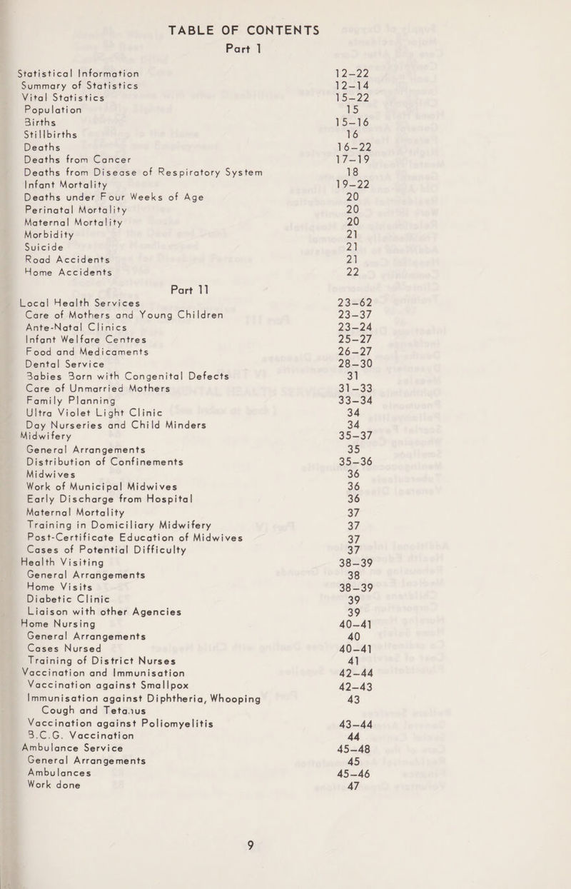 TABLE OF CONTENTS Part 1 Statistical Information 12-22 Summary of Statistics 12-14 Vi+al Statistics 15-22 Popu lati on 15 Births 15-16 Sti 11 bi rths 16 Deaths 16-22 Deaths from Cancer 17-19 Deaths from Disease of Respiratory System 18 Infant Morta 1 ity 19-22 Deaths under Four Weeks of Age 20 Perinata 1 Morta 1 ity 20 Maternal Mortality 20 Morbid ity 21 Suicide 21 Road Accidents 21 Home Accidents 22 Part 11 Local Health Services 23-62 Care of Mothers and Young Children 23-37 Ante-Natal Clinics 23-24 Infant Welfare Centres 25-27 Food and Medicaments 26-27 Dental Service 28-30 3abies 3orn with Congenital Defects 31 Care of Unmarried Mothers 31-33 Family Planning 33-34 Ultra Violet Light Clinic 34 Day Nurseries and Child Minders 34 Midwi fery 35-37 General Arrangements 35 Distribution of Confinements 35-36 Midwives 36 Work of Municipal Midwives 36 Early Discharge from Hospital 36 Maternal Mortality 37 Training in Domiciliary Midwifery 37 Post-Certificate Education of Midwives 37 Cases of Potential Difficulty 37 Health Visiting 38-39 General Arrangements 38 Home Visits 38-39 Diabetic Clinic 39 Liaison with other Agencies 39 Home Nursing 40-41 General Arrangements 40 Cases Nursed 40-41 Training of District Nurses 41 Vaccination and Immunisation 42-44 Vaccination against Smallpox 42-43 Immunisation against Diphtheria, Whooping 43 Cough and Teta.ius Vaccination against Poliomyelitis 43-44 3.C.G. Vaccination 44 Ambulance Service 45-48 General Arrangements 45 Ambulances 45-46 Work done 47
