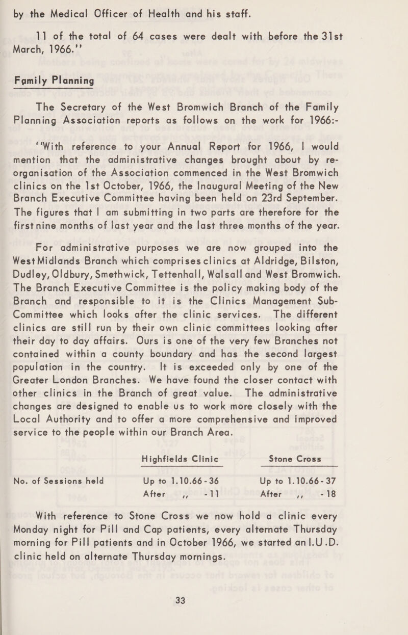 by the Medical Officer of Health and his staff. 11 of the total of 64 cases were dealt with before the 31st March, 1966. »> Fpmily Planning The Secretary of the West Bromwich Branch of the Family Planning Association reports as follows on the work for 1966:- “With reference to your Annual Report for 1966, I would mention that the administrative changes brought about by re¬ organisation of the Association commenced in the West Bromwich clinics on the 1st October, 1966, the Inaugural Meeting of the New Branch Executive Committee having been held on 23rd September. The figures that I am submitting in two parts are therefore for the first nine months of last year and the last three months of the year. For administrative purposes we are now grouped into the WestMidlands Branch which comprises clinics at Aldridge, Bilston, Dudley, Oldbury, Smethwick, Tettenhall, Walsall and West Bromwich. The Branch Executive Committee is the policy making body of the Branch and responsible to it is the Clinics Management Sub- Committee which looks after the clinic services. The different clinics are still run by their own clinic committees looking after their day to day affairs. Ours is one of the very few Branches not contained within a county boundary and has the second largest population in the country. It is exceeded only by one of the Greater London Branches. We have found the closer contact with other clinics in the Branch of great value. The administrative changes are designed to enable us to work more closely with the Local Authority and to offer a more comprehensive and improved service to the people within our Branch Area. Highfields Clinic Stone Cross No. of Sessions held Up to 1.10.66-36 Up to 1.10.66-37 After ,, -11 After ,, -18 With reference to Stone Cross we now hold a clinic every Monday night for Pill and Cap patients, every alternate Thursday morning for Pill patients and in October 1966, we started anl.U.D. clinic held on alternate Thursday mornings.