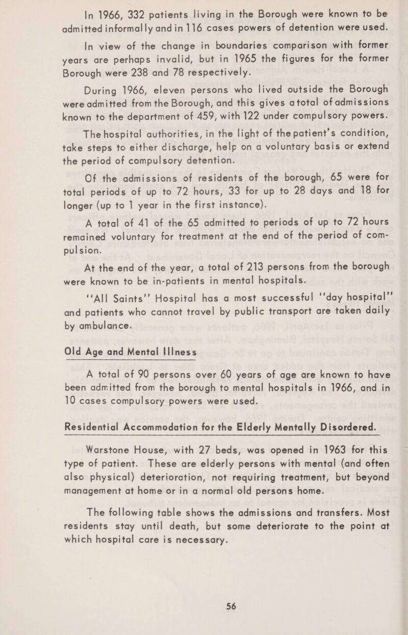 In 1966, 332 patients living in the Borough were known to be admitted informal ly and in 116 cases powers of detention were used. In view of the change in boundaries comparison with former years are perhaps invalid, but in 1965 the figures for the former Borough were 238 and 78 respectively. During 1966, eleven persons who lived outside the Borough wereadmitted from the Borough, and this gives atotal of admissions known to the department of 459, with 122 under compulsory powers. The hospital authorities, in the light of the patient's condition, take steps to either discharge, help on a voluntary basis or extend the period of compulsory detention. Of the admissions of residents of the borough, 65 were for total periods of up to 72 hours, 33 for up to 28 days and 18 for longer (up to 1 year in the first instance). A total of 41 of the 65 admitted to periods of up to 72 hours remained voluntary for treatment at the end of the period of com¬ pulsion. At the end of the year, a total of 213 persons from the borough were known to be in-patients in mental hospitals. “All Saints” Hospital has a most successful “day hospital and patients who cannot travel by public transport are taken daily by ambulance. Old Age and Mental Illness A total of 90 persons over 60 years of age are known to have been admitted from the borough to mental hospitals in 1966, and in 10 cases compulsory powers were used. Residential Accommodation for the Elderly Mentally Disordered. Warstone House, with 27 beds, was opened in 1963 for this type of patient. These are elderly persons with mental (and often also physical) deterioration, not requiring treatment, but beyond management at home or in a normal old persons home. The following table shows the admissions and transfers. Most residents stay until death, but some deteriorate to the point at which hospital care is necessary.