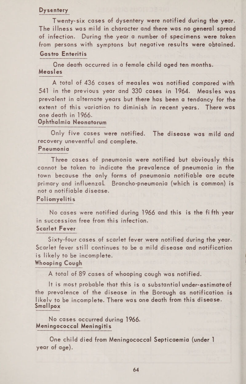 Dysentery Twenty-six cases of dysentery were notified during the year. The illness was mild in character and there was no general spread of infection. During the year a number of specimens were taken from persons with symptons but negative results were obtained. Gastro Enteritis One death occurred in a female child aged ten months. Measl es A total of 436 cases of measles was notified compared with 541 in the previous year and 330 cases in 1964. Measles was prevalent in alternate years but there has been a tendancy for the extent of this variation to diminish in recent years. There was one death in 1966. Ophthalmia Neonatorum Only five cases were notified. The disease was mild and recovery uneventful and complete. Pneumonia Three cases of pneumonia were notified but obviously this cannot be taken to indicate the prevalence of pneumonia in the town because the only forms of pneumonia notifiable are acute primary and influenzaL Broncho-pneumonia (which is common) is not a notifiable disease. Poliomyeliti s No cases were notified during 1966 and this is the fifth year in succession free from this infection. Scarlet Fever Sixty-four cases of scarlet fever were notified during the year. Scarlet fever still continues to be a mild disease and notification is likely to be incomplete. Whooping Cough A total of 89 cases of whooping cough was notified. It is most probable that this is a substantia I under-estimate of the prevalence of the disease in the Borough as notification is likelv to be incomplete. There was one death from this disease. Smal Ipox No cases occurred during 1966. Meningococcal Meningitis One child died from Meningococcal Septicaemia (under 1 year of age).