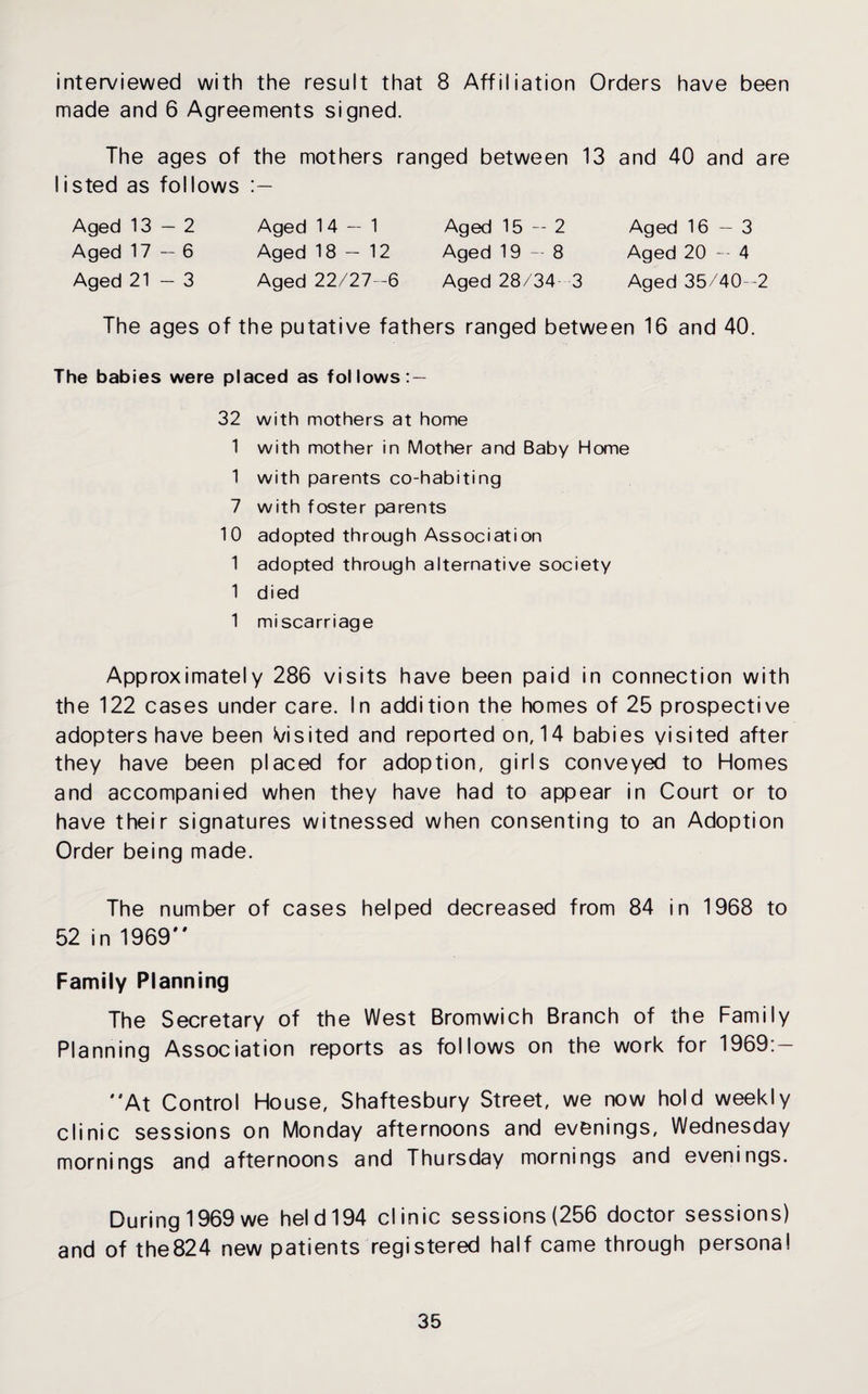 interviewed with the result that 8 Affiliation Orders have been made and 6 Agreements signed. The ages of the mothers ranged between 13 and 40 and are Iisted as follows Aged 13 — 2 Aged 14 — 1 Aged 15 — 2 Aged 16 — 3 Aged 17—6 Aged 18 — 12 Aged 19 — 8 Aged 20 — 4 Aged 21-3 Aged 22/27 -6 Aged 28/34 3 Aged 35/40-2 The ages of the putative fathers ranged between 16 and 40. The babies were placed as follows: — 32 with mothers at home 1 with mother in Mother and Baby Home 1 with parents co-habiting 7 with foster parents 10 adopted through Association 1 adopted through alternative society 1 died 1 miscarriage Approximately 286 visits have been paid in connection with the 122 cases under care. In addition the homes of 25 prospective adopters have been K/isited and reported on, 14 babies visited after they have been placed for adoption, girls conveyed to Homes and accompanied when they have had to appear in Court or to have their signatures witnessed when consenting to an Adoption Order being made. The number of cases helped decreased from 84 in 1968 to 52 in 1969 Family Planning The Secretary of the West Bromwich Branch of the Family Planning Association reports as follows on the work for 1969:— At Control House, Shaftesbury Street, we now hold weekly clinic sessions on Monday afternoons and evenings, Wednesday mornings and afternoons and Thursday mornings and evenings. During 1969 we held 194 clinic sessions (256 doctor sessions) and of the824 new patients registered half came through persona!