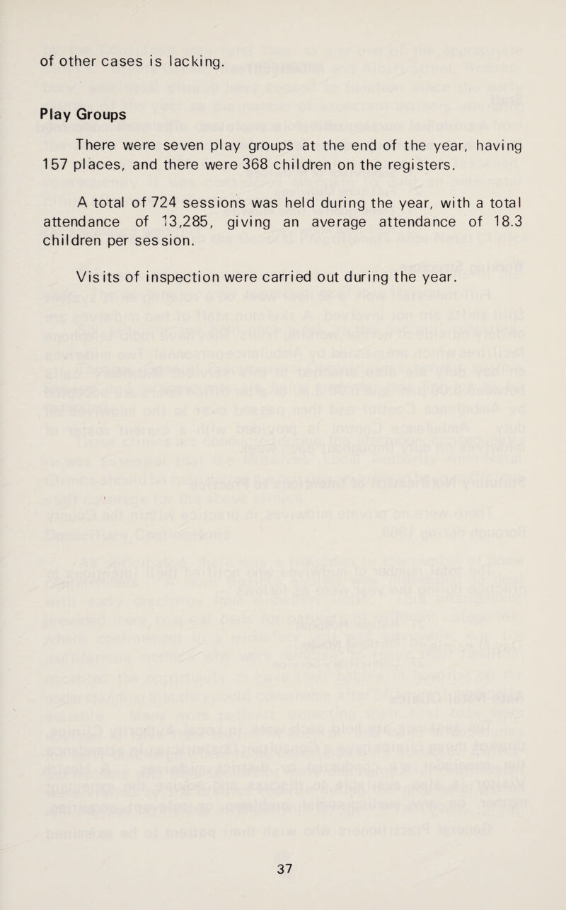 of other cases is lacking. Play Groups There were seven play groups at the end of the year, having 157 places, and there were 368 children on the registers. A total of 724 sessions was held during the year, with a total attendance of 13,285, giving an average attendance of 18.3 children per session. Visits of inspection were carried out during the year.