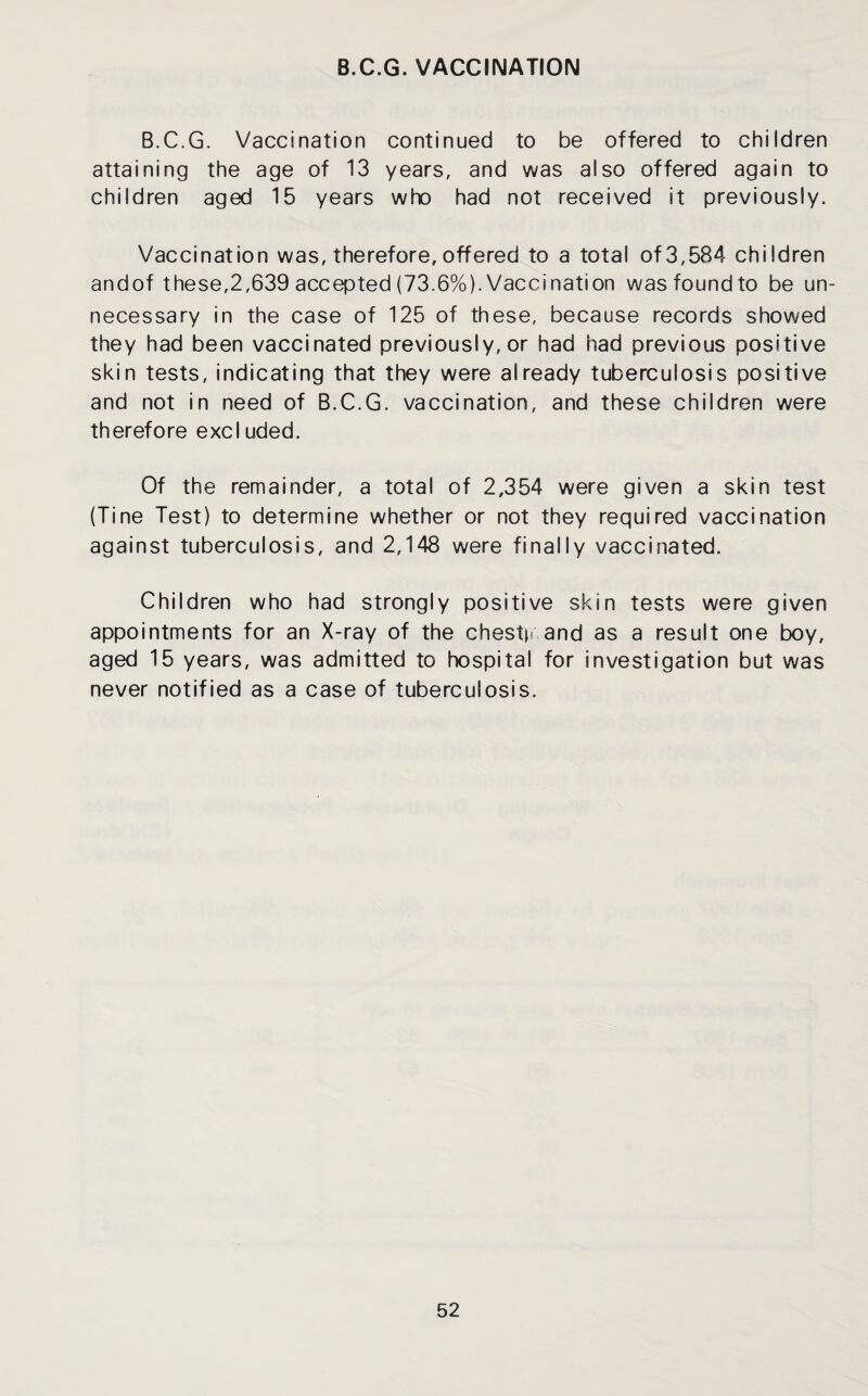 B.C.G. VACCINATION B.C.G. Vaccination continued to be offered to children attaining the age of 13 years, and was also offered again to children aged 15 years who had not received it previously. Vaccination was, therefore, offered to a total of 3,584 children andof these,2,639 accepted (73.6%). Vaccination wasfoundto be un¬ necessary in the case of 125 of these, because records showed they had been vaccinated previously, or had had previous positive skin tests, indicating that they were already tuberculosis positive and not in need of B.C.G. vaccination, and these children were therefore excluded. Of the remainder, a total of 2,354 were given a skin test (Tine Test) to determine whether or not they required vaccination against tuberculosis, and 2,148 were finally vaccinated. Children who had strongly positive skin tests were given appointments for an X-ray of the chesty and as a result one boy, aged 15 years, was admitted to hospital for investigation but was never notified as a case of tuberculosis.