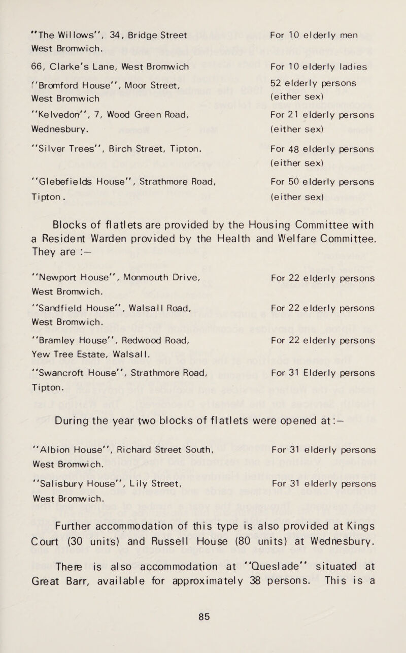 The WiI lows, 34, Bridge Street West Bromwich. 66, Clarke's Lane, West Bromwich f'Bromford House, Moor Street, West Bromwich Kelvedorr, 7, Wood Green Road, Wednesbury. For 10 elderly men For 10 elderly ladies 52 elderly persons (either sex) For 21 elderly persons (either sex) Silver Trees, Birch Street, Tipton. Glebefields House, Strathmore Road, Tipton . For 48 elderly persons (either sex) For 50 elderly persons (either sex) Blocks of flatlets are provided by the Housing Committee with a Resident Warden provided by the Health and Welfare Committee. They are Newport House, Monmouth Drive, West Bromwich. Sandfield House, Walsall Road, West Bromwich. Bramley House, Redwood Road, Yew Tree Estate, Walsall. Swancroft House, Strathmore Road, Tipton. For 22 elderly persons For 22 elderly persons For 22 elderly persons For 31 Elderly persons During the year two blocks of flatlets were opened at: — Albion House, Richard Street South, For 31 elderly persons West Bromwich. Salisbury House, Lily Street, For 31 elderly persons West Bromwich. Further accommodation of this type is also provided at Kings Court (30 units) and Russell House (80 units) at Wednesbury. There is also accommodation at Queslade situated at Great Barr, available for approximately 38 persons. This is a