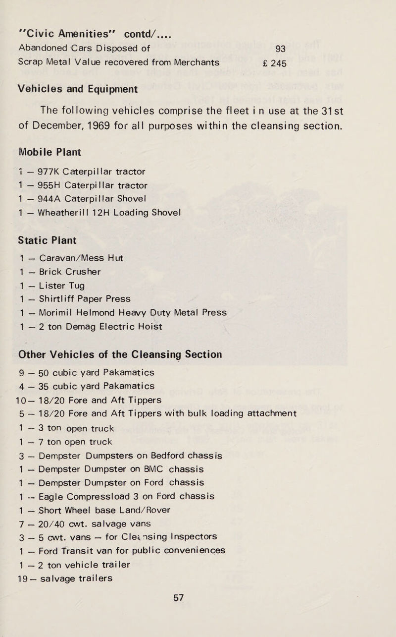 Civic Amenities contd/.... Abandoned Cars Disposed of Scrap Metal Value recovered from Merchants 93 £ 245 Vehicles and Equipment The following vehicles comprise the fleet i n use at the 31st of December, 1969 for all purposes within the cleansing section. Mobile Plant 1 — 977K Caterpillar tractor 1 — 955H Caterpillar tractor 1 — 944A Caterpillar Shovel 1 — Wheatherill 12H Loading Shovel Static Plant 1 — Caravan/Mess Hut 1 — Brick Crusher 1 — Lister Tug 1 — Shirtliff Paper Press 1 — Morimil Helmond Heavy Duty Metal Press 1 — 2 ton Demag Electric Hoist Other Vehicles of the Cleansing Section 9 — 50 cubic yard Pakamatics 4 — 35 cubic yard Pakamatics 10— 18/20 Fore and Aft Tippers 5 — 18/20 Fore and Aft Tippers with bulk loading attachment 1 — 3 ton open truck 1 — 7 ton open truck 3 — Dempster Dumpsters on Bedford chassis 1 — Dempster Dumpster on BMC chassis 1 — Dempster Dumpster on Ford chassis 1 — Eagle Compressload 3 on Ford chassis 1 — Short Wheel base Land/Rover 7 — 20/40 cwt. salvage vans 3 — 5 cwt. vans — for Cleansing Inspectors 1 — Ford Transit van for public conveniences 1—2 ton vehicle trailer 19— salvage trailers