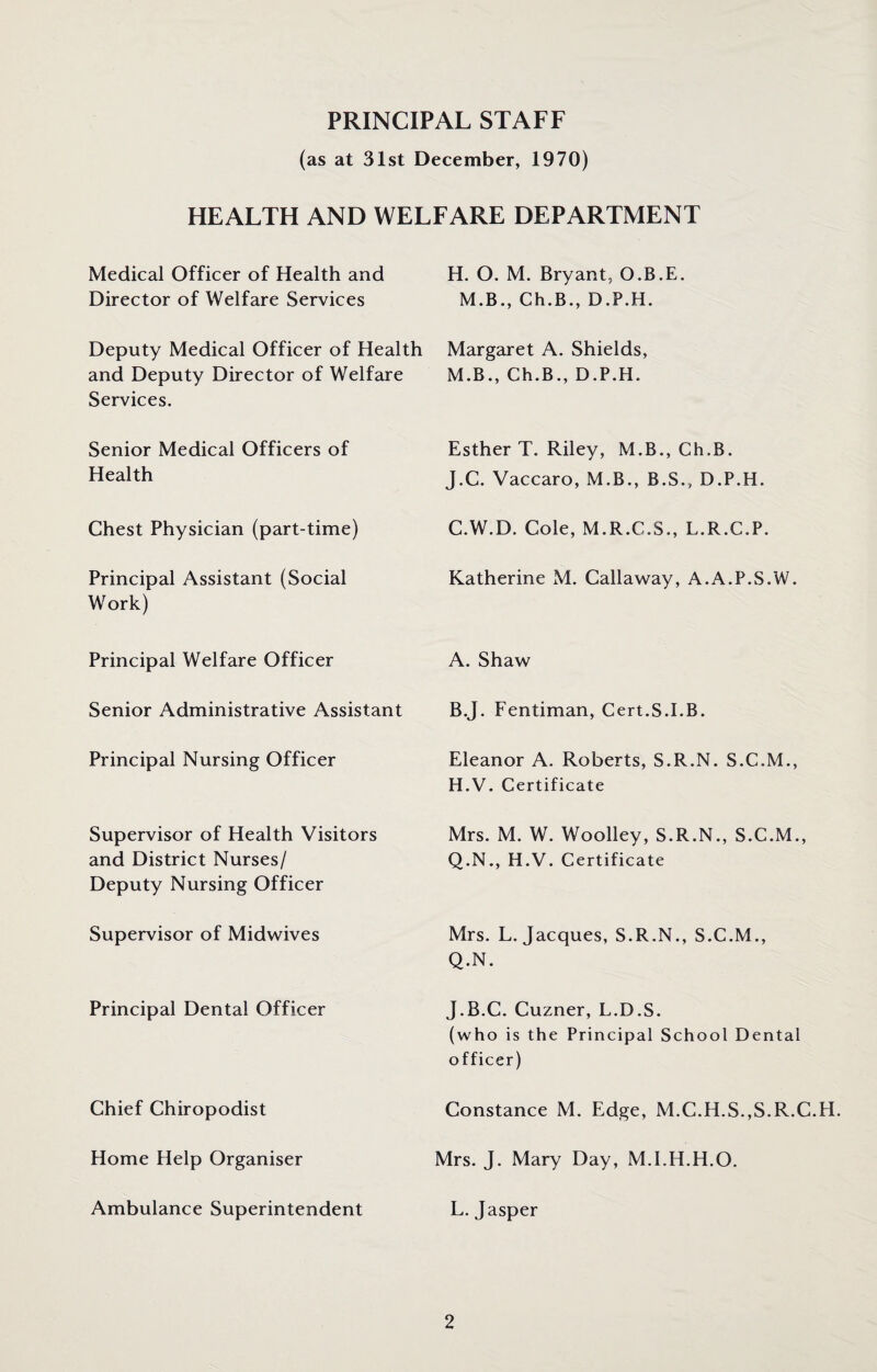 PRINCIPAL STAFF (as at 31st December, 1970) HEALTH AND WELFARE DEPARTMENT Medical Officer of Health and Director of Welfare Services H. O. M. Bryant, O.B.E. M.B., Ch.B., D.P.H. Deputy Medical Officer of Health and Deputy Director of Welfare Services. Margaret A. Shields, M.B., Ch.B., D.P.H. Senior Medical Officers of Health Esther T. Riley, M.B., Ch.B. J.C. Vaccaro, M.B., B.S., D.P.H. Chest Physician (part-time) C.W.D. Cole, M.R.C.S., L.R.C.P. Principal Assistant (Social Work) Katherine M. Callaway, A.A.P.S.W. Principal Welfare Officer A. Shaw Senior Administrative Assistant B.J. Fentiman, Cert.S.I.B. Principal Nursing Officer Eleanor A. Roberts, S.R.N. S.C.M., H.V. Certificate Supervisor of Health Visitors and District Nurses/ Deputy Nursing Officer Mrs. M. W. Woolley, S.R.N., S.C.M., Q.N., H.V. Certificate Supervisor of Midwives Mrs. L. Jacques, S.R.N., S.C.M., Q.N. Principal Dental Officer J.B.C. Cuzner, L.D.S. (who is the Principal School Dental officer) Chief Chiropodist Constance M. Edge, M.C.H.S.,S.R.C.H Home Help Organiser Mrs. J. Mary Day, M.I.H.H.O. Ambulance Superintendent L.Jasper