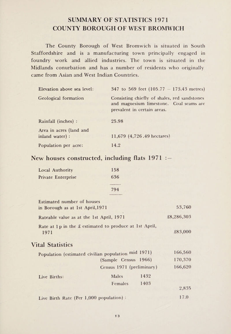 SUMMARY OF STATISTICS 1971 COUNTY BOROUGH OF WEST BROMWICH The County Borough of West Bromwich is situated in South Staffordshire and is a manufacturing town principally engaged in foundry work and allied industries. The town is situated in the Midlands conurbation and has a number of residents who originally came from Asian and West Indian Countries. Elevation above sea level: Geological formation Rainfall (inches) : Area in acres (land and inland water) : Population per acre: 347 to 569 feet (105,77 — 173.43 metres) Consisting chiefly of shales, red sandstones and magnesium limestone. Coal seams are prevalent in certain areas. 25.98 11,679 (4,726 .49 hectares) 14.2 New houses constructed, including flats 1971 : — Local Authority 158 Private Enterprise 636 794 Estimated number of houses in Borough as at 1st April, 1971 Rateable value as at the 1st April, 1971 Rate at 1 p in the £ estimated to produce at 1st April, 1971 53,760 £8,286,303 £83,000 Vital Statistics Population (estimated civilian population 1971) (Sample Census 1966) Census 1971 (preliminary) Live Births: Males 1432 Females 1403 166,560 1 70,370 166,620 2,835 Live Birth Rate (Per 1,000 population) : 17.0