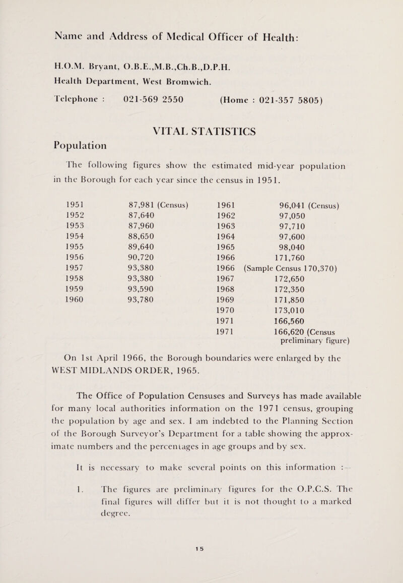 Name and Address of Medical Officer of Health: H.O.M. Bryant, O.B.E.,M.B.,Ch.B.,D.P.H. Health Department, West Bromwich. Telephone : 021-569 2550 (Home : 021-357 5805) VITAL STATISTICS Population The following figures show the estimated mid-year population in the Borough for each year since the census in 1951. 1951 87,981 (Census) 1961 96,041 (Census) 1952 87,640 1962 97,050 1953 87,960 1963 97,710 1954 88,650 1964 97,600 1955 89,640 1965 98,040 1956 90,720 1966 171,760 1957 93,380 1966 (Sample Census 170,370) 1958 93,380 1967 172,650 1959 93,590 1968 172,350 1960 93,780 1969 171,850 1970 173,010 1971 166,560 1971 166,620 (Census preliminary figure) On 1st April 1966, the Borough boundaries were enlarged by the WEST MIDLANDS ORDER, 1965. The Office of Population Censuses and Surveys has made availabl for many local authorities information on the 1971 census, grouping the population by age and sex. I am indebted to the Planning Section of the Borough Surveyor’s Department for a table showing the approx¬ imate numbers and the percentages in age groups and by sex. It is necessary to make several points on this information 1. The figures are preliminary figures for the O.P.C.S. The final figures will differ but it is not thought to a marked degree.
