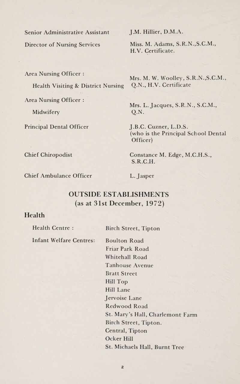 Senior Administrative Assistant J.M. Hillier, D.M.A. Director of Nursing Services Miss. M. Adams, S.R..N.,S.C.M., H.V. Certificate. Area Nursing Officer : Mrs. M. W. Woolley, S.R.N.,S.C.M., Health Visiting Sc District Nursing Q-N., H.V. Certificate Area Nursing Officer : Mrs. L. Jacques, S.R.N., S.C.M., Midwifery Q-N. Principal Dental Officer J.B.C. Cuzner, L.D.S. (who is the Principal School Dental Officer) Chief Chiropodist Constance M. Edge, M.C.H.S., S.R.C.H. Chief Ambulance Officer L. Jasper OUTSIDE ESTABLISHMENTS (as at 31st December, 1972) Health Health Centre : Birch Street, Tipton Infant Welfare Centres: Boulton Road Friar Park Road Whitehall Road Tanhouse Avenue Bratt Street Hill Top Hill Lane Jervoise Lane Redwood Road St. Mary’s Hall, Charlemont Farm Birch Street, Tipton. Central, Tipton Ocker Hill St. Michaels Hall, Burnt Tree