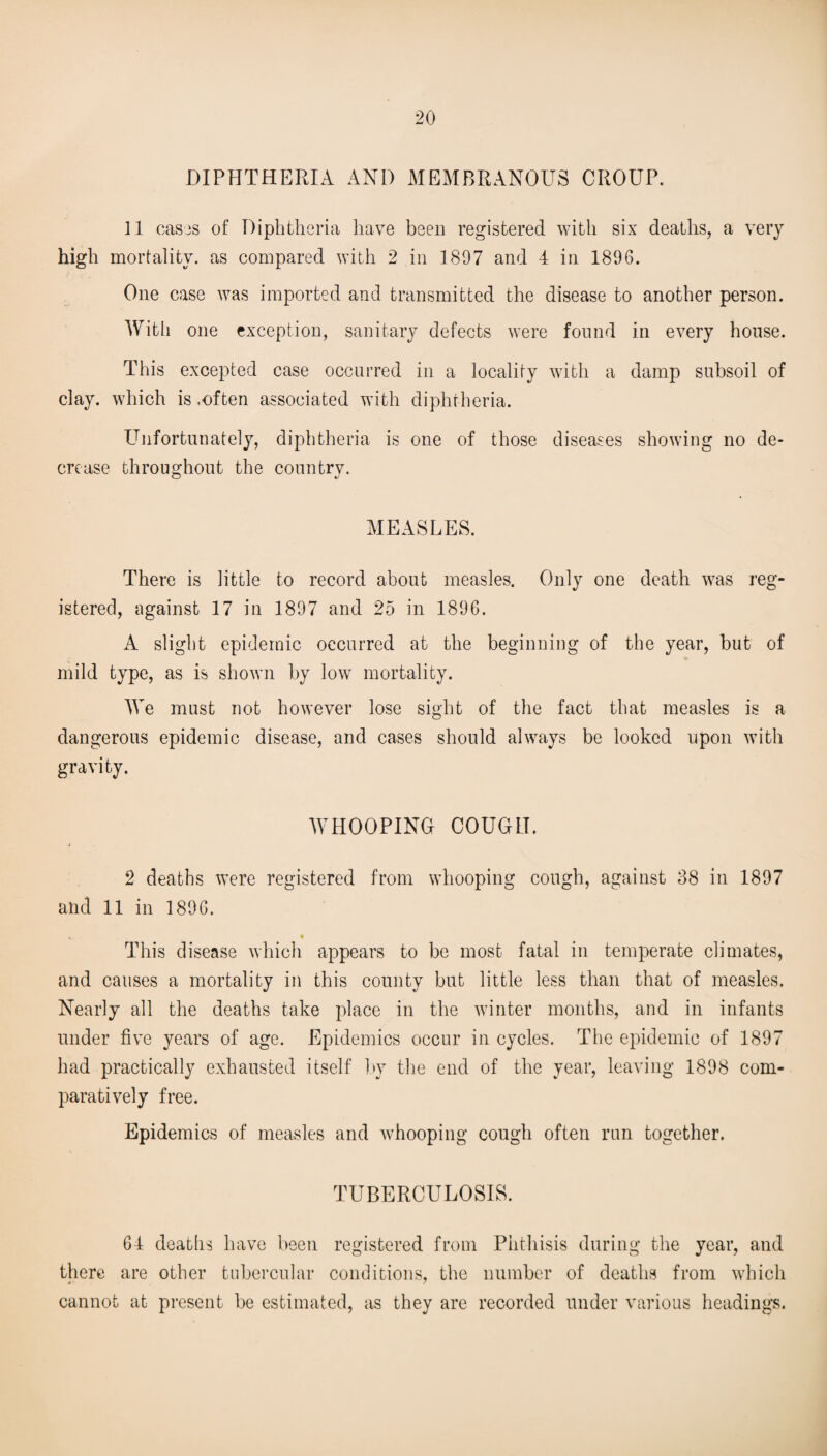 DIPHTHERIA AND MEMBRANOUS CROUP. 11 cases of Diphtheria have been registered with six deaths, a very high mortality, as compared with 2 in 1807 and 4 in 1896. One case was imported and transmitted the disease to another person. With one exception, sanitary defects were found in every house. This excepted case occurred in a locality with a damp subsoil of clay, which is.often associated with diphtheria. Unfortunately, diphtheria is one of those diseases showing no de¬ crease throughout the country. o %j MEASLES. There is little to record about measles. Only one death was reg¬ istered, against 17 in 1897 and 25 in 1896. A slight epidemic occurred at the beginning of the year, but of mild type, as is shown by low mortality. We must not however lose sight of the fact that measles is a dangerous epidemic disease, and cases should always be looked upon with gravity. WHOOPING COUGH. 2 deaths were registered from whooping cough, against 38 in 1897 and 11 in 1896. This disease which appears to be most fatal in temperate climates, and causes a mortality in this county but little less than that of measles. Nearly all the deaths take place in the winter months, and in infants under five years of age. Epidemics occur in cycles. The epidemic of 1897 had practically exhausted itself by the end of the year, leaving 1898 com¬ paratively free. Epidemics of measles and whooping cough often run together. TUBERCULOSIS. 64 deaths have been registered from Phthisis during the year, and there are other tubercular conditions, the number of deaths from which cannot at present be estimated, as they are recorded under various headings.