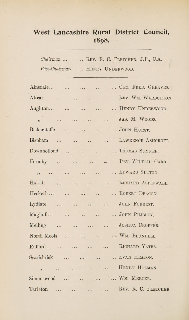 1898. Chairman ... Vice-Chairman Ainsdale... Altcar Aughton... j, ... Bickerstaffe Bispham Downhollond Formby • • • • • • Halsall Hesketh... Lydiate Maghull... Melling North Meols RufFord Scarisbrick ,, Simonswood ... Rev. R. C. Fletcher, J.P., C.A, ... Henry Underwood. .Geo. Fred. Greaves. . Rev. Wm. Warburton .Henry Underwood. . Jas. M. Woods. . .. John Hurst. Lawrence Ashcroft. .Thomas Sumner. Rev. Wilfrid Carr ... Edward Sutton. . Richard Aspinwall. ... Robert Deacon. . John Forrest. .John Pimbley, . Joshua Cropper. .Wm. Blundell. . Richard Yates. .Evan Heaton. . Henry Holman. .Wm. Mercer. Tarleton • • • • « • • • • Rev. R. C. Fletcher