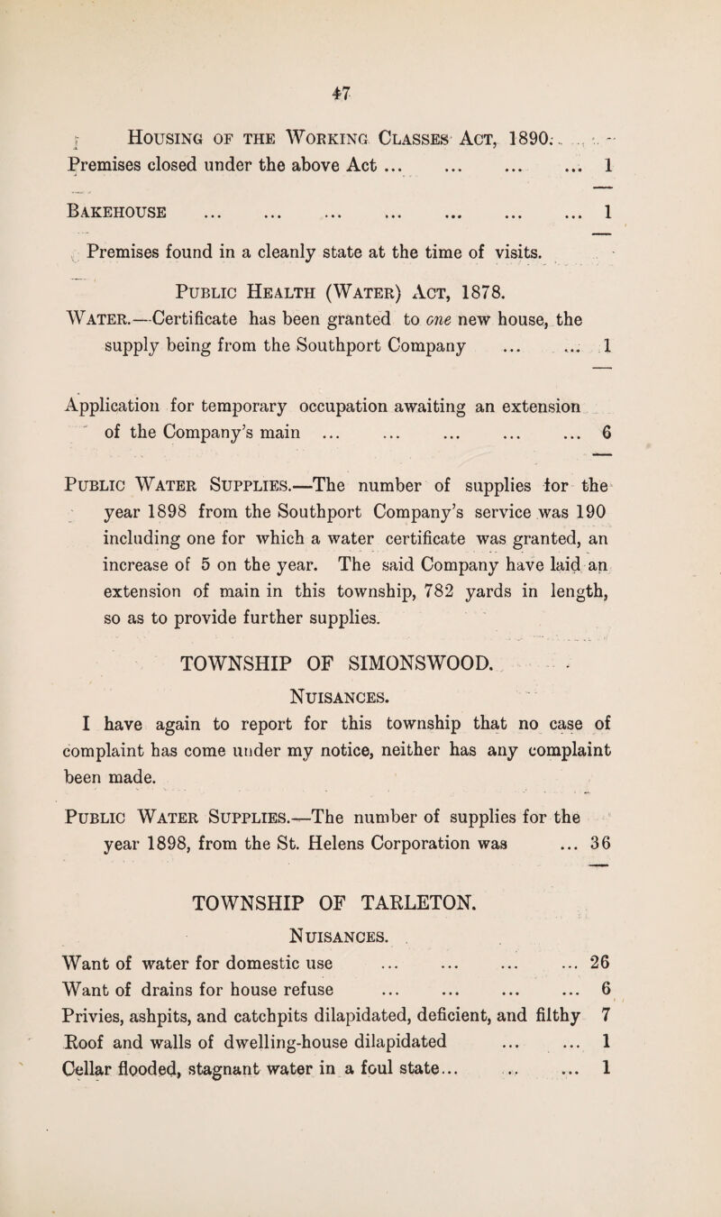 ] Housing of the Working Classes Act, 1890; .. * - Premises closed under the above Act. ... 1 Bakehouse ... ... ... ... ... ... ... 1 Premises found in a cleanly state at the time of visits. Public Health (Water) Xgt, 1878. Water.—Certificate has been granted to new house, the supply being from the Southport Company ... ... 1 Application for temporary occupation awaiting an extension of the Company’s main ... ... ... ... ... 6 Public Water Supplies.—The number of supplies tor the' year 1898 from the Southport Company’s service was 190 including one for which a water certificate was granted, an increase of 5 on the year. The said Company have laid an extension of main in this township, 782 yards in length, so as to provide further supplies. TOWNSHIP OF SIMONSWOOD. Nuisances. I have again to report for this township that no case of complaint has come under my notice, neither has any complaint been made. Public Water SuppLiES.^The number of supplies for the year 1898, from the St. Helens Corporation was ... 36 TOWNSHIP OF TAKLETON. Nuisances. Want of water for domestic use ... ... ... ... 26 Want of drains for house refuse ... ... ... ... 6 Privies, ashpits, and catchpits dilapidated, deficient, and filthy 7 Eoof and walls of dwelling-house dilapidated ... ... 1 Cellar flooded, stagnant water in a foul state... .. ... 1