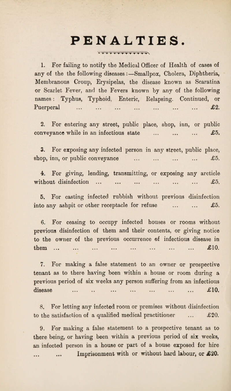 PENALTIES. 1. For failing to notify the Medical Officer of Health of cases of any of the the following diseases :—Smallpox, Cholera, Diphtheria, Membranous Croup, Erysipelas, the disease known as Scaratina or Scarlet Fever, and the Fevers known by any of the following names: Typhus, Typhoid, Enteric, Kelapsing, Continued, or Puerperal ... ... ... ... ... ... ... £2. 2. For entering any street, public place, shop, inn, or public conveyance while in an infectious state ... ... ... £5. 3. For exposing any infected person in any street, public place, shop, inn, or public conveyance ... ... ... ... £5. 4. For giving, lending, transmitting, or exposing any arcticle without disinfection ... ... ... ... ... ... <£5. 5. For casting infected rubbish without previous disinfection into any ashpit or other receptacle for refuse ... ... £5. 6. For ceasing to occupy infected houses or rooms without previous disinfection of them and their contents, or giving notice to the owner of the previous occurrence of infectious disease in them ... ... ... ••• ... ... ... £^ 10. 7. For making a false statement to an owner or prospective tenant as to there having been within a house or room during a previous period of six weeks any person suffering from an infectious disease ... .. ... ... ... ... ... 10« 8. For letting any infected room or premises without disinfection to the satisfaction of a qualified medical practitioner ... £20. 9. For making a false statement to a prospective tenant as to there being, or having been within a previous period of six weeks, an infected person in a house or part of a house exposed for hire ... ... Imprisonment with or without hard labour, or £20.