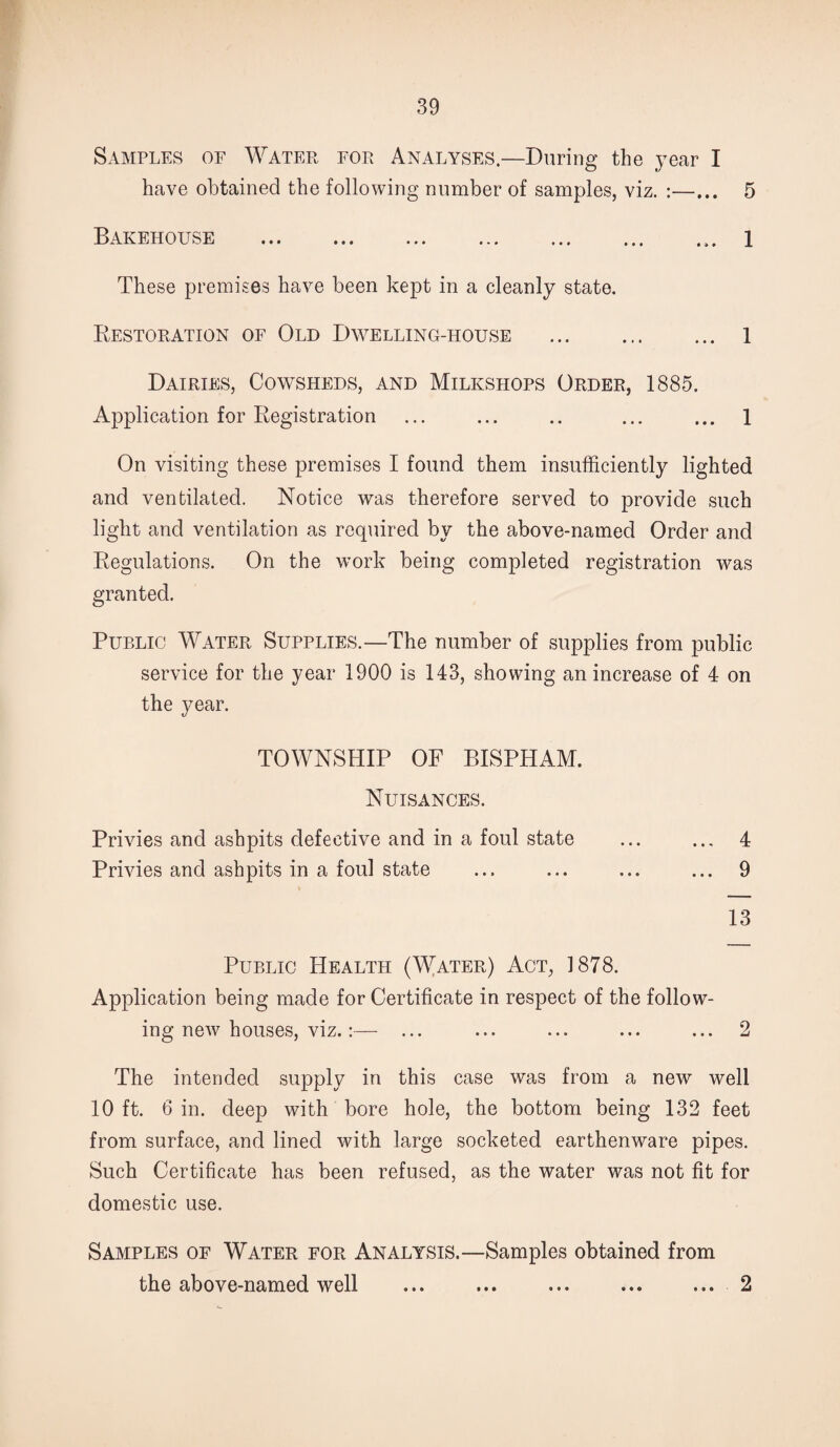 Samples of Water for Analyses.—During the year I have obtained the following number of samples, viz. :—... 5 Bakehouse ... ... ... ... ... ... ... l These premises have been kept in a cleanly state. Restoration of Old Dwelling-house . 1 Dairies, Cowsheds, and Milkshops Order, 1885. Application for Registration ... ... .. ... ... 1 On visiting these premises I found them insufficiently lighted and ventilated. Notice was therefore served to provide such light and ventilation as required by the above-named Order and Regulations. On the work being completed registration was granted. Public Water Supplies.—The number of supplies from public service for the year 1900 is 143, showing an increase of 4 on the year. TOWNSHIP OF BISPHAM. Nuisances. Privies and ashpits defective and in a foul state ... ... 4 Privies and ashpits in a foul state ... ... ... ... 9 13 Public Health (Water) Act, 1878. Application being made for Certificate in respect of the follow¬ ing new houses, viz.:— ... ... ... ... ... 2 The intended supply in this case was from a new well 10 ft. 6 in. deep with bore hole, the bottom being 132 feet from surface, and lined with large socketed earthenware pipes. Such Certificate has been refused, as the water was not fit for domestic use. Samples of Water for Analysis.—Samples obtained from the above-named well ... ... ... ... ... 2