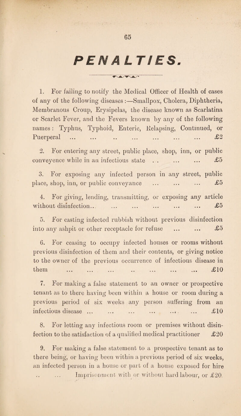 PENALTIES. 1. For failing to notify the Medical Officer of Health of cases of any of the following diseases :—Smallpox, Cholera, Diphtheria, Membranous Croup, Erysipelas, the disease known as Scarlatina or Scarlet Fever, and the Fevers known by any of the following names : Typhus, Typhoid, Enteric, Kelapsing, Continued, or Puerperal ... ... .. ... ... ... ... £2 2. For entering any street, public place, shop, inn, or public conveyence while in an infectious state . . ... ... £5 3. For exposing any infected person in any street, public place, shop, inn, or public conveyance ... ... ... £5 4. For giving, lending, transmitting, or exposing any article without disinfection... ... ... ... ... ... <£5 5. For casting infected rubbish without previous disinfection into any ashpit or other receptacle for refuse ... ... £5 6. For ceasing to occupy infected houses or rooms without previous disinfection of them and their contents, or giving notice to the owner of the previous occurrence of infectious disease in them ... ... ... .. ... ... ... £10 7. For making a false statement to an owner or prospective tenant as to there having been within a house or room during a previous period of six weeks any person suffering from an infectious disease ... ... ... ... ... £10 8. For letting any infectious room or premises without disin¬ fection to the satisfaction of a qualified medical practitioner £20 9. For making a false statement to a prospective tenant as to there being, or having been within a previous period of six weeks, an infected person in a house or part of a house exposed for hire Imprisonment with or without hard labour, or £20,