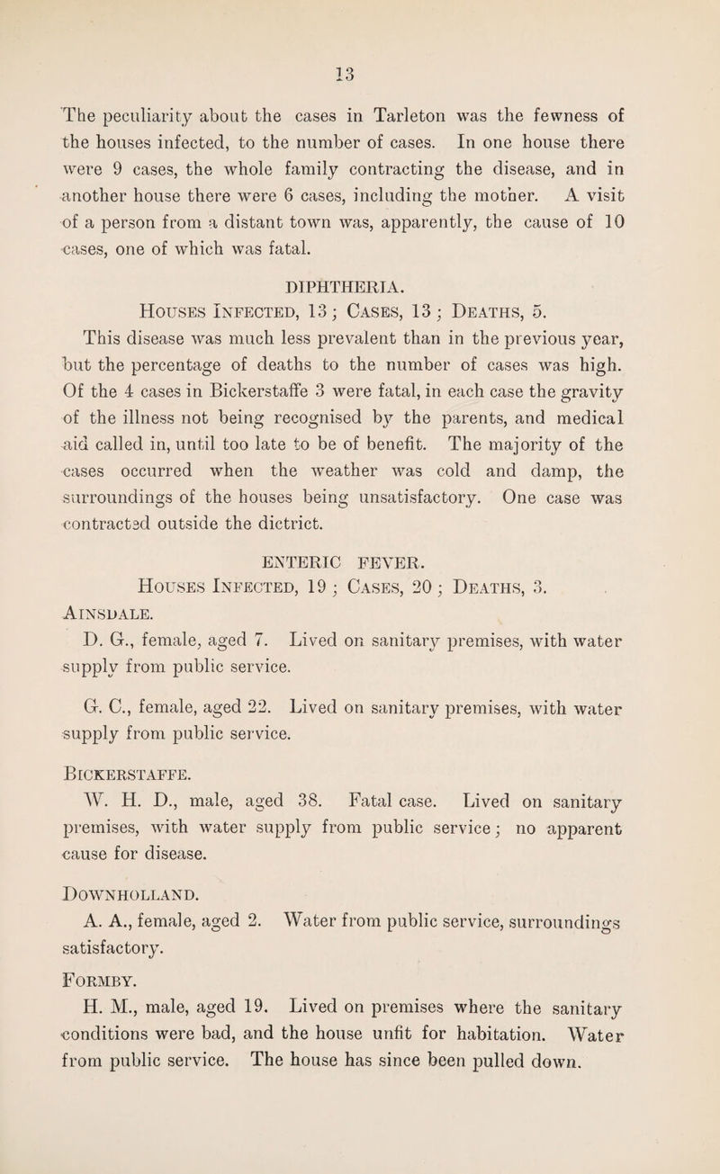 The peculiarity about the cases in Tarleton was the fewness of the houses infected, to the number of cases. In one house there were 9 cases, the whole family contracting the disease, and in another house there were 6 cases, including the mother. A visit of a person from a distant town was, apparently, the cause of 10 cases, one of which was fatal. DIPHTHERIA. Houses Infected, 13; Cases, 13; Deaths, 5. This disease was much less prevalent than in the previous year, but the percentage of deaths to the number of cases was high. Of the 4 cases in Bickerstaffe 3 were fatal, in each case the gravity of the illness not being recognised by the parents, and medical aid called in, until too late to be of benefit. The majority of the cases occurred when the weather was cold and damp, the surroundings of the houses being unsatisfactory. One case was contracted outside the dictrict. ENTERIC FEVER. Houses Infected, 19 ; Cases, 20; Deaths, 3. Ainsdale. D. G., female, aged 7. Lived on sanitary premises, with water supply from public service. G. C., female, aged 22. Lived on sanitary premises, with water supply from public service. Bickerstaffe. W. H. D., male, aged 38. Fatal case. Lived on sanitary premises, with water supply from public service; no apparent cause for disease. Downholland. A. A., female, aged 2. Water from public service, surroundings satisfactory. Formby. H. M., male, aged 19. Lived on premises where the sanitary conditions were bad, and the house unfit for habitation. Water from public service. The house has since been pulled down.