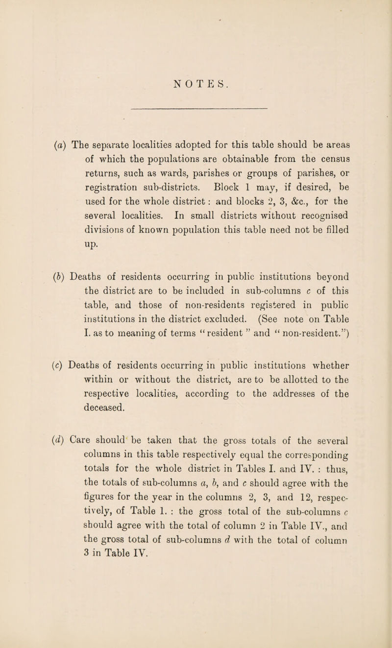 NOTES. (a) The separate localities adopted for this table should be areas of which the populations are obtainable from the census returns, such as wards, parishes or groups of parishes, or registration sub-districts. Block 1 may, if desired, be used for the whole district: and blocks 2, 3, &c., for the several localities. In small districts without recognised divisions of known population this table need not be filled up. (b) Deaths of residents occurring in public institutions beyond the district are to be included in sub-columns c of this table, and those of non-residents registered in public institutions in the district excluded. (See note on Table I. as to meaning of terms “ resident ” and “ non-resident.”) (c) Deaths of residents occurring in public institutions whether within or without the district, are to be allotted to the respective localities, according to the addresses of the deceased. (d) Care should be taken that the gross totals of the several columns in this table respectively equal the corresponding totals for the whole district in Tables I. and IY. : thus, the totals of sub-columns a, b, and c should agree with the figures for the year in the columns 2, 3, and 12, respec¬ tively, of Table 1. : the gross total of the sub-columns c should agree with the total of column 2 in Table IV., and the gross total of sub-columns d with the total of column