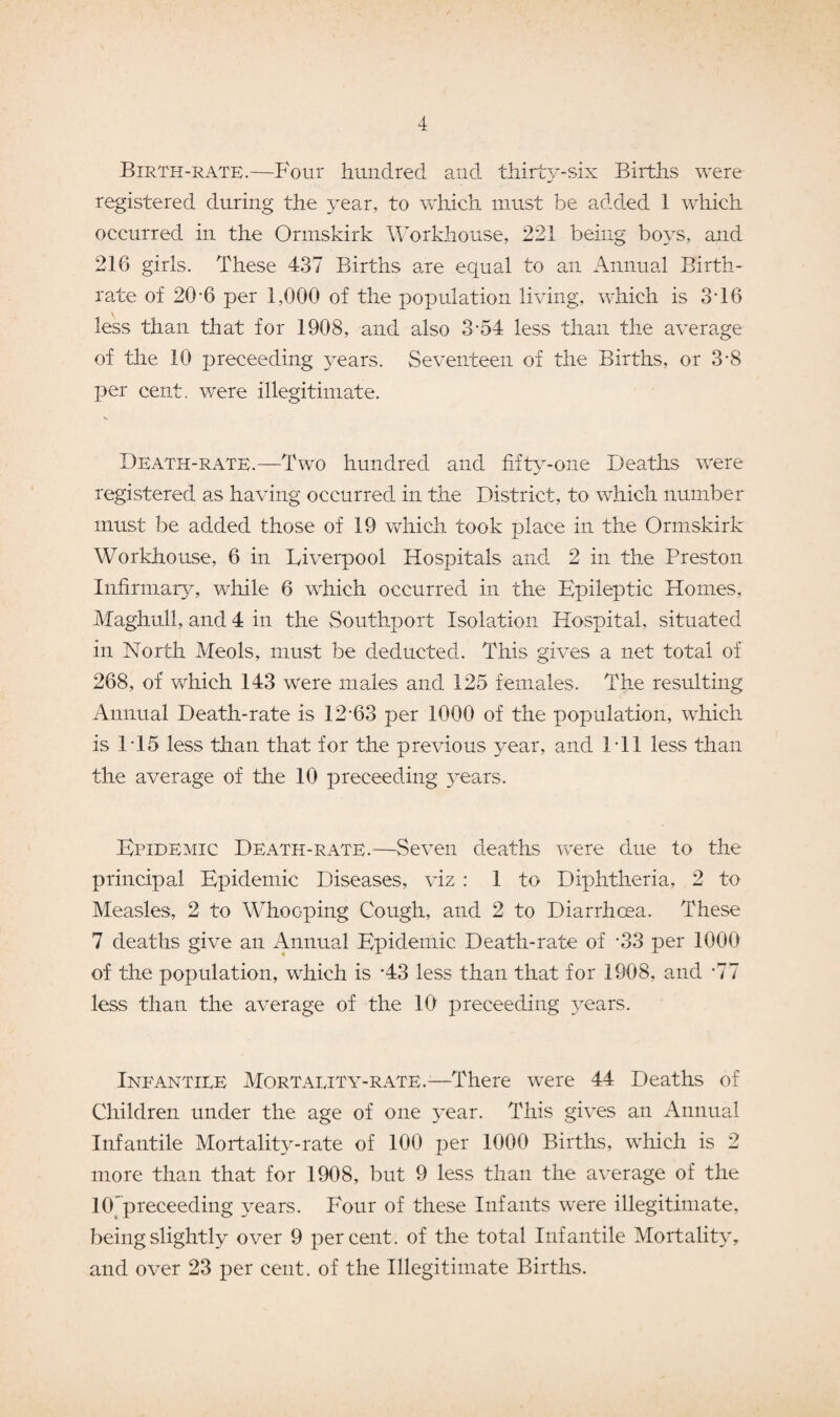 Birth-rate.—Four hundred and thirty-six Births were registered during the year, to which must be added 1 which occurred in the Ormskirk Workhouse, 221 being boys, and 21G girls. These 437 Births are equal to an Annual Birth¬ rate of 20-6 per 1,000 of the population living, which is 3d6 less than that for 1908, and also 3-54 less than the average of the 10 preceeding years. Seventeen of the Births, or 3-8 per cent, were illegitimate. Death-rate.—Two hundred and fifty-one Deaths were registered as having occurred in the District, to which number must be added those of 19 which took place in the Ormskirk Workhouse, 6 in Liverpool Hospitals and 2 in the Preston Infirmary, while 6 which occurred in the Epileptic Homes, Maghull, and 4 in the Southport Isolation Hospital, situated in North Meols, must be deducted. This gives a net total of 268, of which 143 were males and 125 females. The resulting Annual Death-rate is 12-63 per 1000 of the population, which is 1T5 less than that for the previous year, and 111 less than the average of the 10 preceeding years. Epidemic Death-rate.—Seven deaths were due to the principal Epidemic Diseases, viz : 1 to Diphtheria, 2 to Measles, 2 to Whooping Cough, and 2 to Diarrhoea. These 7 deaths give an Annual Epidemic Death-rate of -33 per 1000 of the population, which is -43 less than that for 1908, and -77 less than the average of the 10 preceeding years. Infantile Mortality-rate.-—There were 44 Deaths of Children under the age of one year. This gives an Annual Infantile Mortality-rate of 100 per 1000 Births, which is 2 more than that for 1908, but 9 less than the average of the 10’preceeding years. Four of these Infants were illegitimate, being slightly over 9 percent, of the total Infantile Mortality, and over 23 per cent, of the Illegitimate Births.