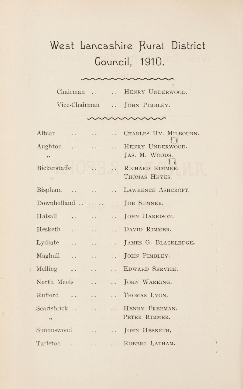 Govmcil, 1910. Chairman . . .. Henry Underwood. Vice-Chairman . . John Pimbley. Altcar .. Charees Hy. Milbourn. in Aughton yy p .. Henry Underwood. Jas. M. Woods. Bickerstaffe 9 9 !_J Richard Rimmer. Thomas He yes. Bispham .. Lawrence Ashcroft. Downholland Job Sumner. Halsall John Harrison. Hesketh David Rimmer. Lydiate .. James G. Beackeedge. Maghull John Pimbeey. Helling .. Edward Service. North Meols John Wareing. Ruftord .. Thomas Lyon. Scarisbrick . . 9 y Henry Freeman. Peter Rimmer. Simonswood .. John Hesketh, Tarleton Robert Latham.