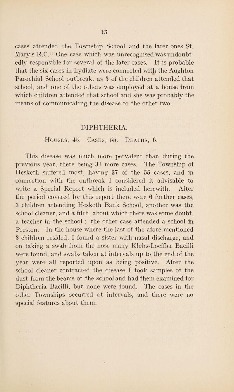 cases attended the Township School and the later ones St. Mary’s R.C. One case which was unrecognised was undoubt¬ edly responsible for several of the later cases. It is probable that the six cases in Lydiate were connected with the Aughton Parochial School outbreak, as 3 of the children attended that school, and one of the others was employed at a house from which children attended that school and she was probably the means of communicating the disease to the other two. DIPHTHERIA. Houses, 45. Cases, 55. Deaths, 6. This disease was much more pervalent than during the previous year, there being 31 more cases. The Township of Hesketh suffered most, having 37 of the 55 cases, and in connection with the outbreak I considered it advisable to write a Special Report which is included herewith. After the period covered by this report there were 6 further cases, 3 children attending Hesketh Bank School, another was the school cleaner, and a fifth, about which there was some doubt, a teacher in the school; the other case attended a school in Preston. In the house where the last of the afore-mentioned 3 children resided, I found a sister with nasal discharge, and on taking a swab from the nose many Klebs-Loeffler Bacilli were found, and swabs taken at intervals up to the end of the year were all reported upon as being positive. After the school cleaner contracted the disease I took samples of the dust from the beams of the school and had them examined for Diphtheria Bacilli, but none were found. The cases in the other Townships occurred at intervals, and there were no special features about them.