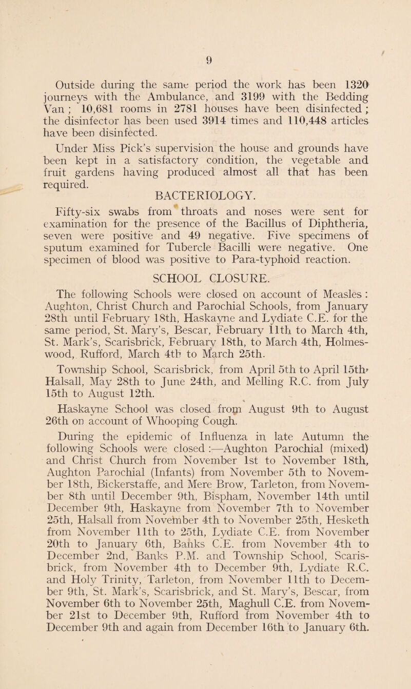 Outside during the same period the work has been 1320 journeys with the Ambulance, and 3199 with the Bedding Van ; 10,681 rooms in 2781 houses have been disinfected ; the disinfector has been used 3914 times and 110,448 articles have been disinfected. Under Miss Pick’s supervision the house and grounds have been kept in a satisfactory condition, the vegetable and fruit gardens having produced almost all that has been required. BACTERIOLOGY. Fifty-six swabs from throats and noses were sent for examination for the presence of the Bacillus of Diphtheria, seven were positive and 49 negative. Five specimens of sputum examined for Tubercle Bacilli were negative. One specimen of blood was positive to Para-typhoid reaction. SCHOOL CLOSURE. The following Schools were closed on account of Measles : Aughton, Christ Church and Parochial Schools, from January 28th until February 18th, Haskayne and Lydiate C.E. for the same period, St. Mary’s, Bescar, February 11th to March 4th, St. Mark’s, Scarisbrick, February 18th, to March 4th, Holmes- wood, Rufford, March 4tb to March 25th. Township School, Scarisbrick, from April 5th to April 15th> Halsall, May 28th to June 24th, and Melling R.C. from July 15th to August 12th. *4 Haskayne School was closed from August 9th to August 26th on account of Whooping Cough. During the epidemic of Influenza in late Autumn the following Schools were closed :—Aughton Parochial (mixed) and Christ Church from November 1st to November 18th, Aughton Parochial (Infants) from November 5th to Novem¬ ber 18th, Bickerstaffe, and Mere Brow, Tarleton, from Novem¬ ber 8th until December 9th, Bispham, November 14th until December 9th, Haskayne from November 7th to November 25th, Halsall from Novelnber 4th to November 25th, Hesketh from November 11th to 25th, Lydiate C.E. from November 20th to January 6th, Banks C.E. from November 4th to December 2nd, Banks P.M. and Township School, Scaris¬ brick, from November 4th to December 9th, Lydiate R.C. and Holy Trinity, Tarleton, from November 11th to Decem¬ ber 9th, St. Mark’s, Scarisbrick, and St. Mary’s, Bescar, from November 6th to November 25th, Maghull C.E. from Novem¬ ber 21st to December 9th, Rufford from November 4th to December 9th and again from December 16th to January 6th.