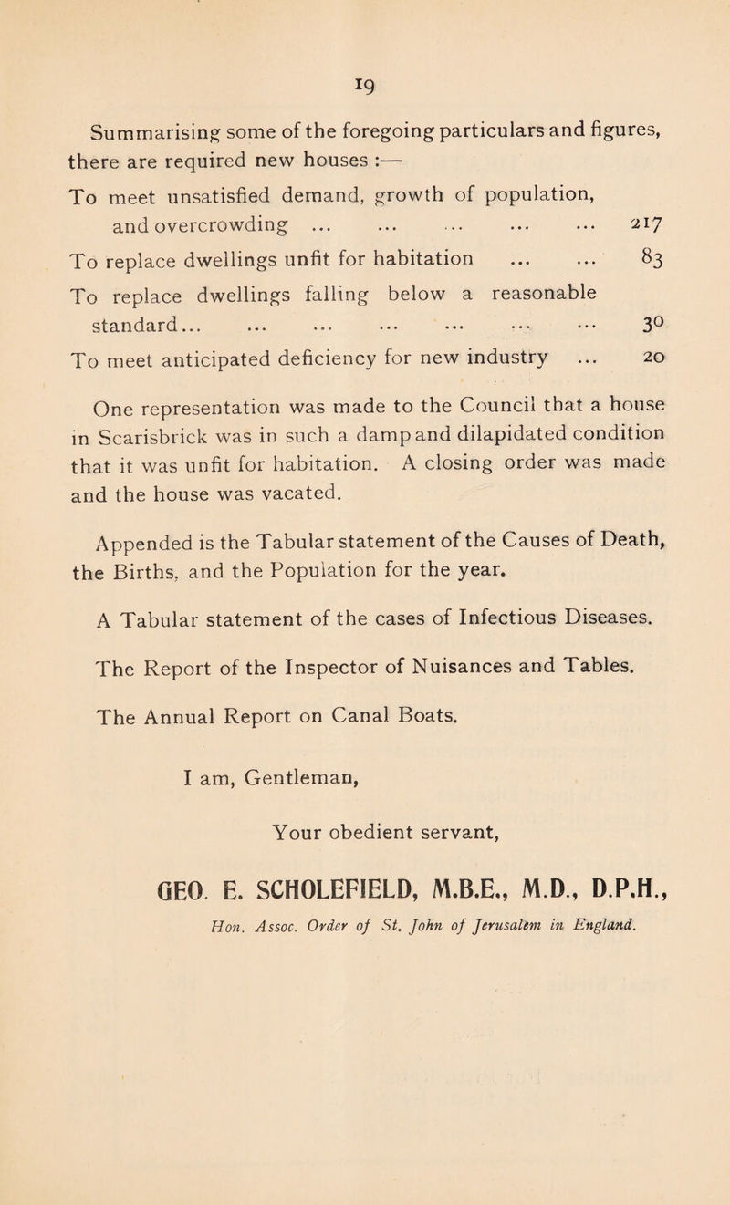 Summarising some of the foregoing particulars and figures, there are required new houses :— To meet unsatisfied demand, growth of population, and overcrowding ... ... ... ... ... 217 To replace dwellings unfit for habitation . 83 To replace dwellings falling below a reasonable standard... ... ... ... ••• ••• ••• 3° To meet anticipated deficiency for new industry ... 20 One representation was made to the Council that a house in Scarisbrick was in such a damp and dilapidated condition that it was unfit for habitation. A closing order was made and the house was vacated. Appended is the Tabular statement of the Causes of Death, the Births, and the Population for the year. A Tabular statement of the cases of Infectious Diseases. The Report of the Inspector of Nuisances and Tables. The Annual Report on Canal Boats. I am, Gentleman, Your obedient servant, GEO E. SCHOLEFIELD, M.B.E., M.D., D.P.H., Hon. Assoc. Order of St. John of Jerusalem in England.