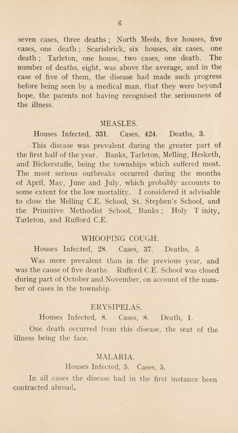 seven cases, three deaths ; North Meols, five houses, five cases, one death ; Scarisbrick, six houses, six cases, one death ; Tarleton, one house, two cases, one death. The number of deaths, eight, was above the average, and in the case of five of them, the disease had made such progress before being seen by a medical man, that they were beyond hope, the parents not having recognised the seriousness of the illness. MEASLES. Houses Infected, 331. Cases, 424. Deaths, 3. This disease was prevalent during the greater part of the first half of the year. Banks, Tarleton, Melling, Hesketh, and Bickerstaffe, being the townships which suffered most. The most serious outbreaks occurred during the months of April, May, June and July, which probably accounts to some extent for the low mortality. I considered it advisable to close the Melling C.E. School, St. Stephen’s School, and the Primitive Methodist School, Banks ; Holy T inity, Tarleton, and Rufford C.E. WHOOPING COUGH. Houses Infected, 28. Cases, 37. Deaths, 5. Was more prevalent than in the previous year, and was the cause of five deaths. Rufford C.E. School was closed during part of October and November, on account of the num¬ ber of cases in the township. ERYSIPELAS. Houses Infected, 8. Cases, 8. Death, 1. One death occurred from this disease, the seat of the illness being the face. MALARIA. Houses Infected, 5. Cases, 5. In all cases the disease had in the first instance been -contracted abroad.