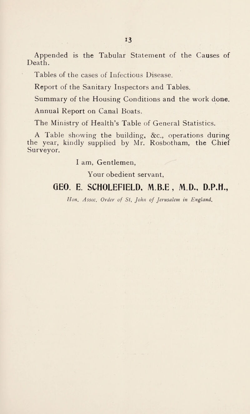 Appended is the Tabular Statement of the Causes of Death. Tables of the cases of Infectious Disease. Report of the Sanitary Inspectors and Tables. Summary of the Housing Conditions and the work done. Annual Report on Canal Boats. The Ministry of Health’s Table of General Statistics. A Table showing the building, &c., operations during the year, kindly supplied by Mr. Rosbotham, the Chief Surveyor. I am, Gentlemen, Your obedient servant, QEO. E. SCHOLEFIELD, M B.E, M.D., D.P.H., Hon. Assoc. Order of St, John of Jerusalem in England.