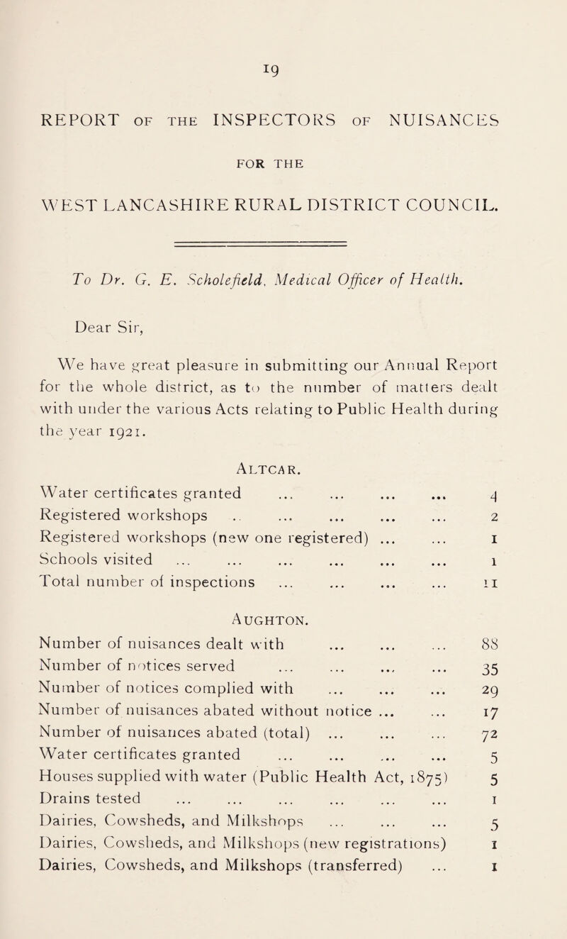 REPORT OF THE INSPECTORS of NUISANCES FOR THE WEST LANCASHIRE RURAL DISTRICT COUNCIL. To Dr. G. E. Scholefield. Medical Officer of Health. Dear Sir, We have ^reat pleasure in submitting our Annual Report for the whole district, as to the number of matters dealt with under the various Acts relating to Public Health during the year 1921. Altc^r. Water certificates granted ... ... ... ... 9 Registered workshops .. ... ... ... ... 2 Registered workshops (new one registered) ... ... i Schools visited ... ... ... ... ... ... 1 Total number of inspections ... ... ... ... ii Aughton. Number of nuisances dealt with ... ... ... 88 Number of notices served ... ... ... ... 35 Number of notices complied with ... ... ... 29 Number of nuisances abated without notice ... ... 17 Number of nuisances abated (total) ... ... ... 72 Water certificates granted ... ... ... ... 5 Houses supplied with water (Public Health Act, 1875) 5 Drains tested ... ... ... ... ... ... i Dairies, Cowsheds, and Milkshops ... ... ... 5 Dairies, Cowsheds, and Milkshops (new registrations) i Dairies, Cowsheds, and Milkshops (transferred) ... i