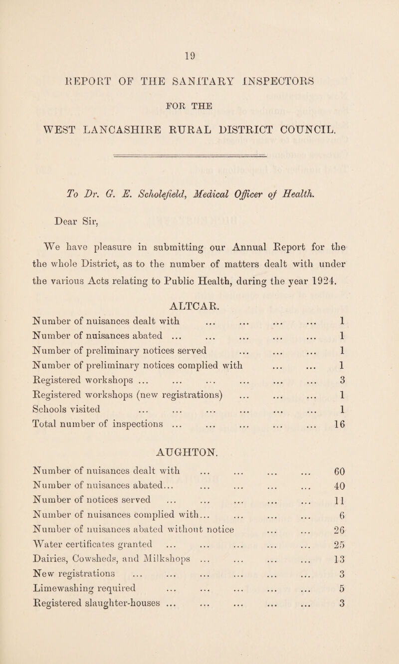 REPORT OF THE SANITARY INSPECTORS EOR THE WEST LANCASHIRE RURAL DISTRICT COUNCIL. To Dr. G. E. Scholefield, Medical Officer of Health. Dear Sir. We have pleasure in submitting our Annual Report for the the whole District, as to the number of matters dealt with under the various Acts relating to Public Health, daring the year 1924. ALTCAR, Number of nuisances dealt with ... ... ... ... 1 Number of nuisances abated ... ... ... ... ... 1 Number of preliminary notices served ... ... ... 1 Number of preliminary notices complied with ... ... 1 Registered workshops ... ... ... ... ... ... 3 Registered workshops (new registrations) ... ... ... 1 Schools visited ... ... ... ... ... ... 1 Total number of inspections ... ... ... ... ... 16 AUGHTON. Number of nuisances dealt with ... ... ... ... 60 N u mber of nuisances abated... ... ... ... ... 40 Number of notices served ... ... ... ... ... 11 Number of nuisances complied with... ... ... ... 6 Number of nuisances abated without notice ... ... 26 Water certificates granted ... ... ... ... ... 25 Dairies, Cowsheds, and Milksliops ... ... ... ... 13 New registrations ... ... ... ... ... ... 3 Limewashing required ... ... ... ... ... 5 Registered slaughter-houses ... ... ... ... ... 3