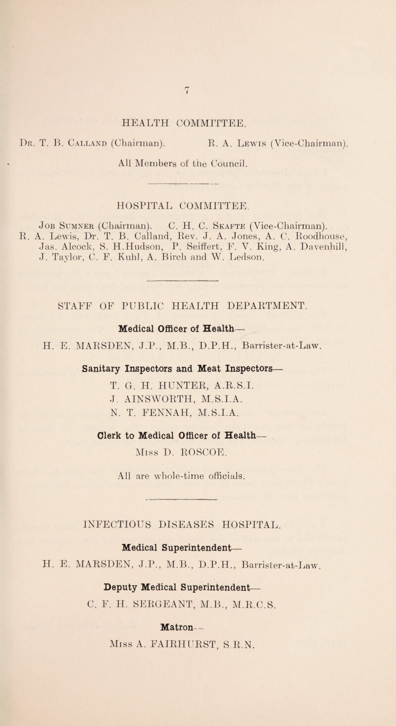 HEALTH COMMITTEE. Dr. T. B. Calland (Cbaimian). E. A. Lewis (Vice-Chairman). All Members of the Council. HOSPITAL COMMITTEE. Job Sumner (Cbairman). C. H. C. Skafte (Vice-Cbairman). E. A. Lewis, Dr. T. B. Calland, Eev. J. A. Jones, A. C. Eoodbouse, Jas. Alcock, S. H.Hudson, P. Seiffert, E. V. King, A. Davenbill, J. Taylor, C. E. Kub], A. Bircli and W. Ledson. STAFF OF PUBLIC HEALTH DEPAETAIENT. Medical Officer of Health— H. E. MAESDEN, J.P., M.B., D.P.H., Barrister-at-Law. Sanitary Inspectors and Meat Inspectors— T. O. H. HUNTEE, A.E.S.I. J, AINSWOETH, M.S.I.A. N. T. EENNAH, AI.S.I.A. Clerk to Medical Officer of Health— kliss D. EOSCOE. All are whole-time officials. INFECTIOUS DISEASES HOSPITAL. Medical Superintendent— H. E. MAESDEN, J.P., ALB., D.P.H., Barrister-at-Law. Deputy Medical Superintendent— C. E. H. SEEGEANT, AI.B., AI.E.C.S. Matron— Miss A. EAIEHUEST, S E.N.